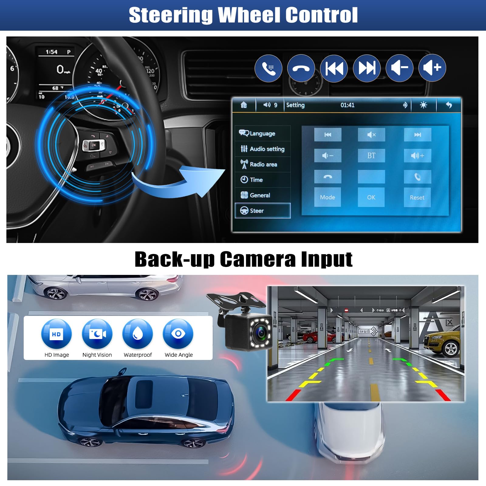 CAMECHO Autoradio 1 Din mit Bluetooth Radio Manuelle Ausfahrbarem Display mit Mirror Link FM/AM RDS Lenkradsteuerung USB/AUX +Rückfahrkamera