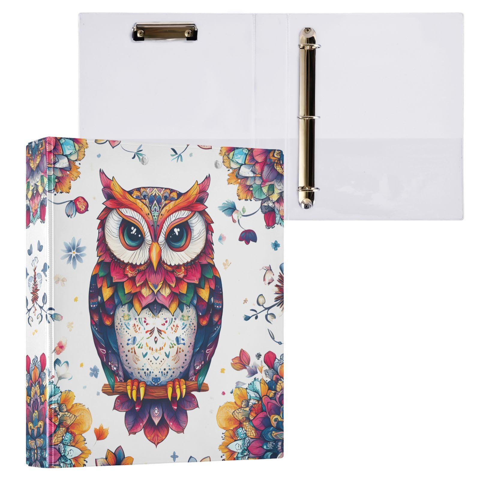 Confezione da 2 raccoglitori a 3 anelli, mandala, boho, animali, gufo, 3,8 cm, con 3 tasche trasparenti, portablocco e contiene 200 fogli, per ufficio, scuola, organizzazione domestica
