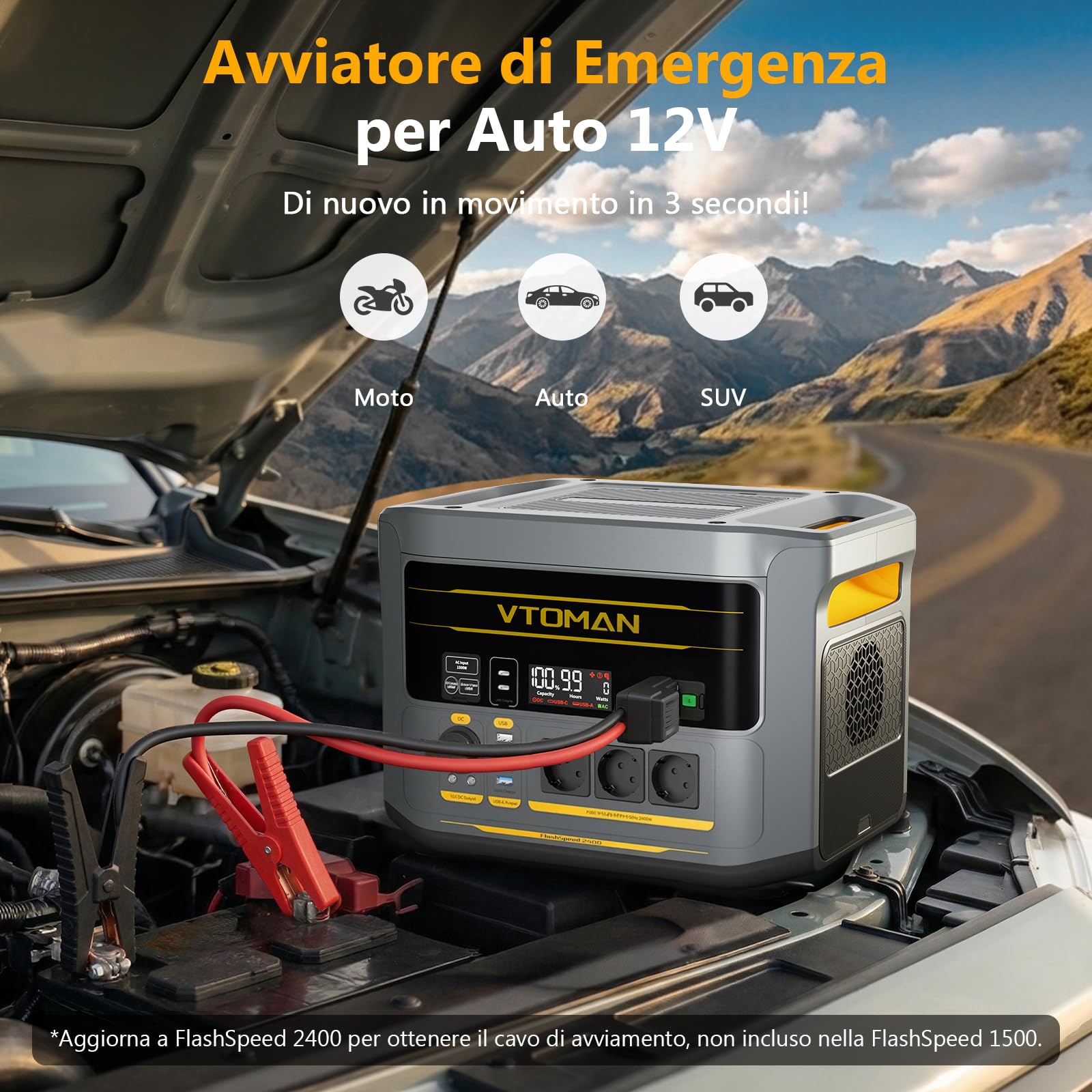 VTOMAN FlashSpeed 2400 - Stazione di alimentazione portatile con cavo di avviamento, 2400 W CA (picco di 3200 W), batteria LiFePO₄ da 1408 Wh, espandibile fino a 2688 Wh, ricarica rapida in 1 ora