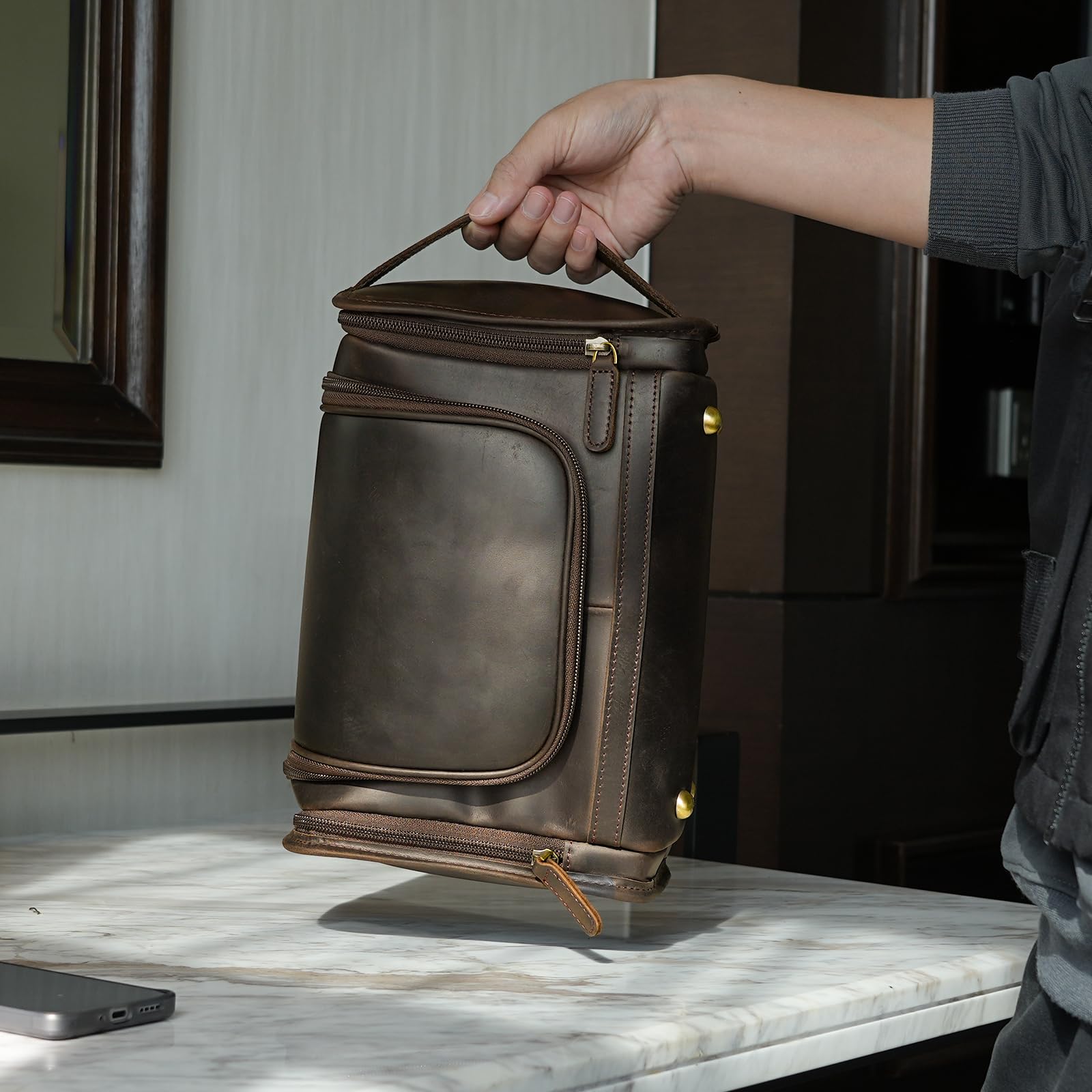 Polare Kulturbeutel aus Vollnarbenleder, Reise-Kulturbeutel, Make-up-Kosmetik-Organizer, Rasierset, Waschkoffer mit Haken zum Aufhängen, Dunkelbraun, Vintage, Dunkelbraun, Vintage-Stil