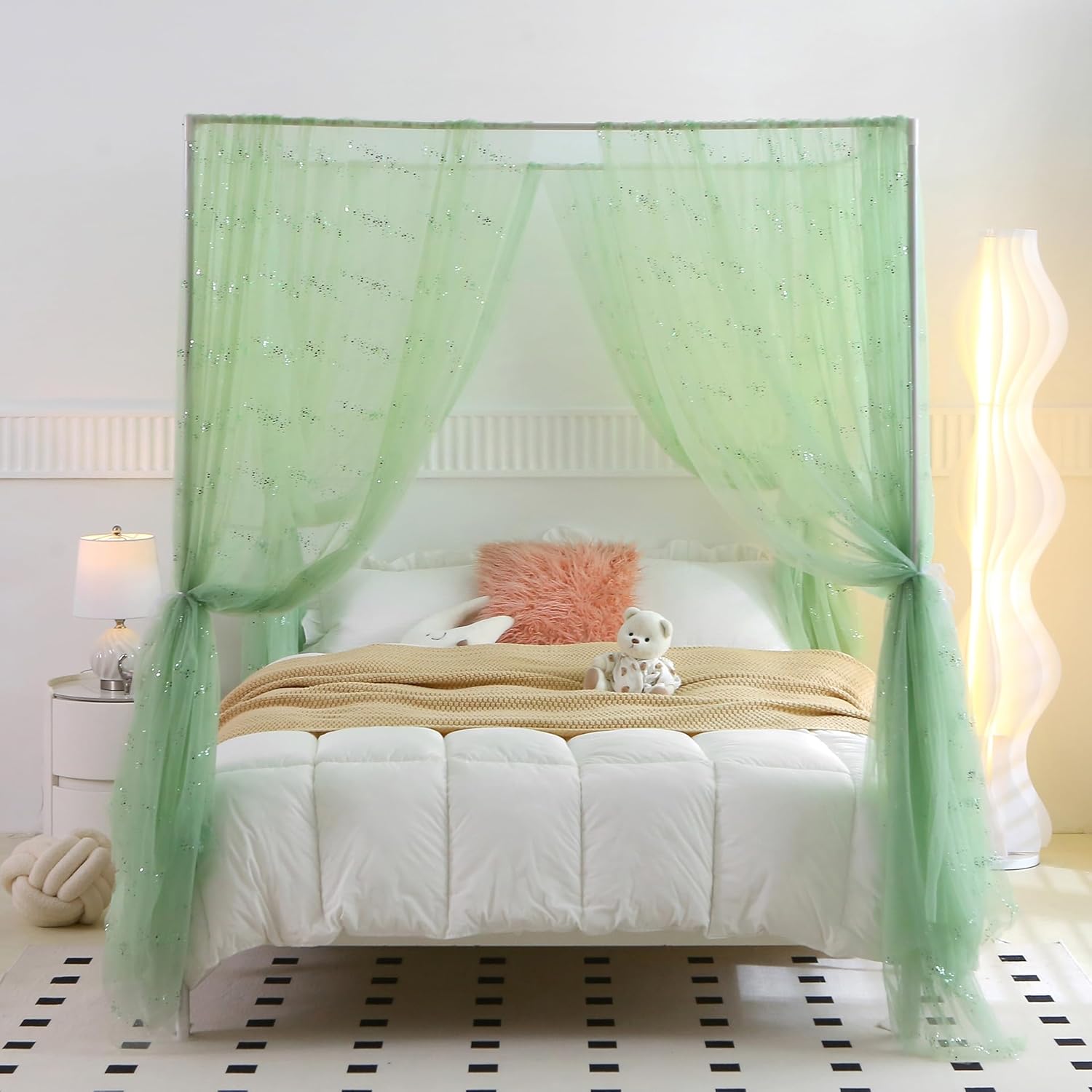 Sage Green Galaxy Sequins Canopy Bed Curtains Queen, Princess Gauze Sparkle Sheer Bed Canopy, Canopy Bed Scarf for Adults Kids Full Queen Size Bed