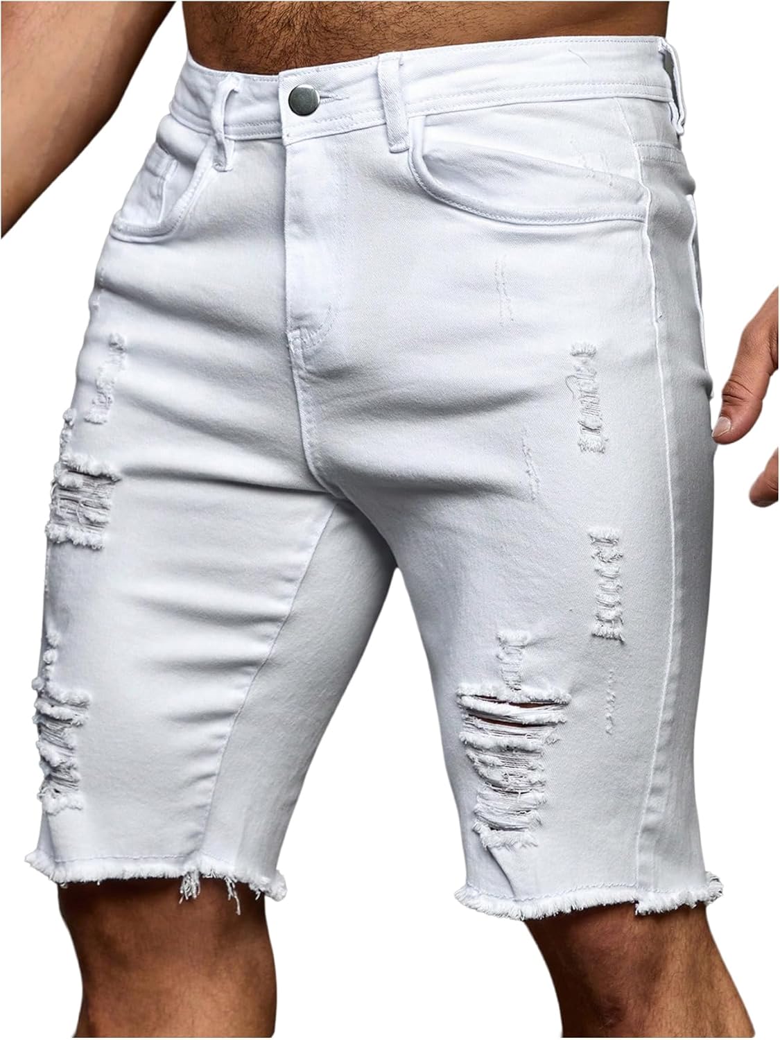 Verdusa Men's Jean Shorts Straight Leg Ripped Raw Trim Denim Shorts Slim Fit Stretch Jorts