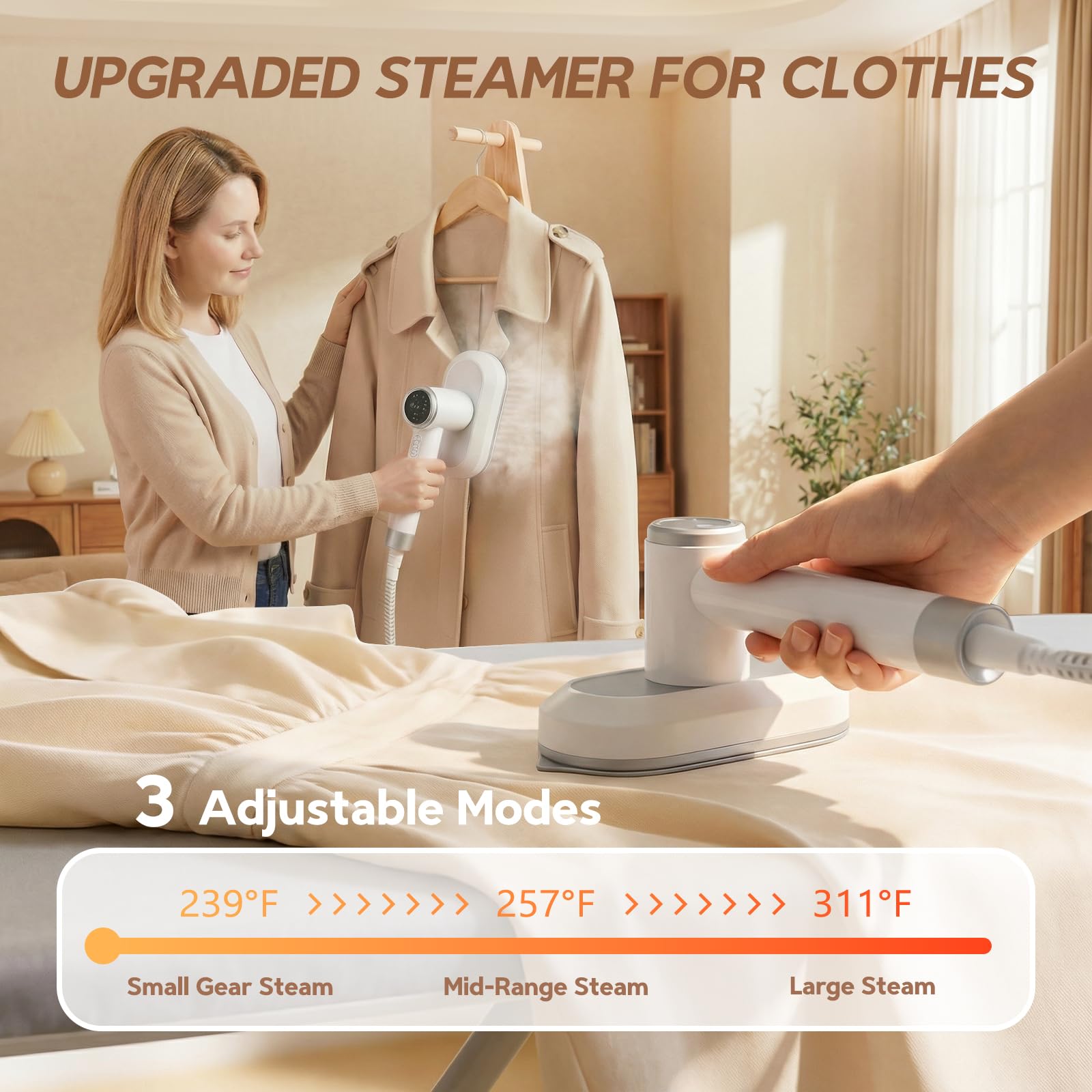 2 In 1 Steamer for Clothes:1550W Powerful Steamer with 1100ml Detachable Tank, 30s Fast Heat-Up, Horizontal & Vertical Use, Portable Wrinkle Remover for Clothes Drapes Bedding (White) image 2