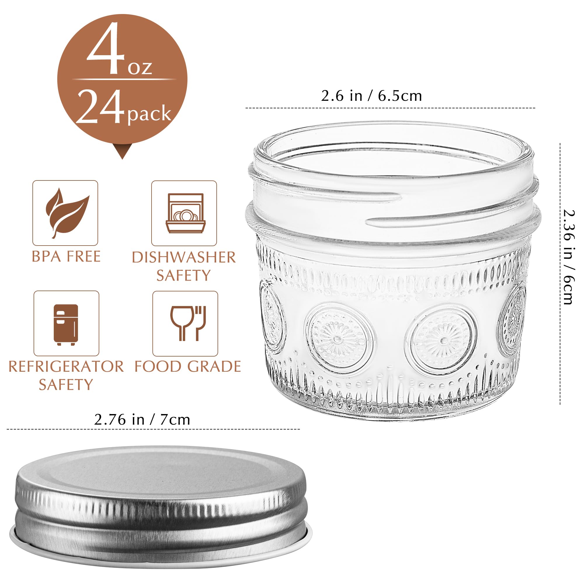 Amzcku 4 oz Glass Mason Jars with Regular Mouth Lids - 24-Pack Glass Canning Jars for Storage, Overnight Oats, Jam, Jelly, Honey, Beans, Spices, Wedding Favors, Shower Favors