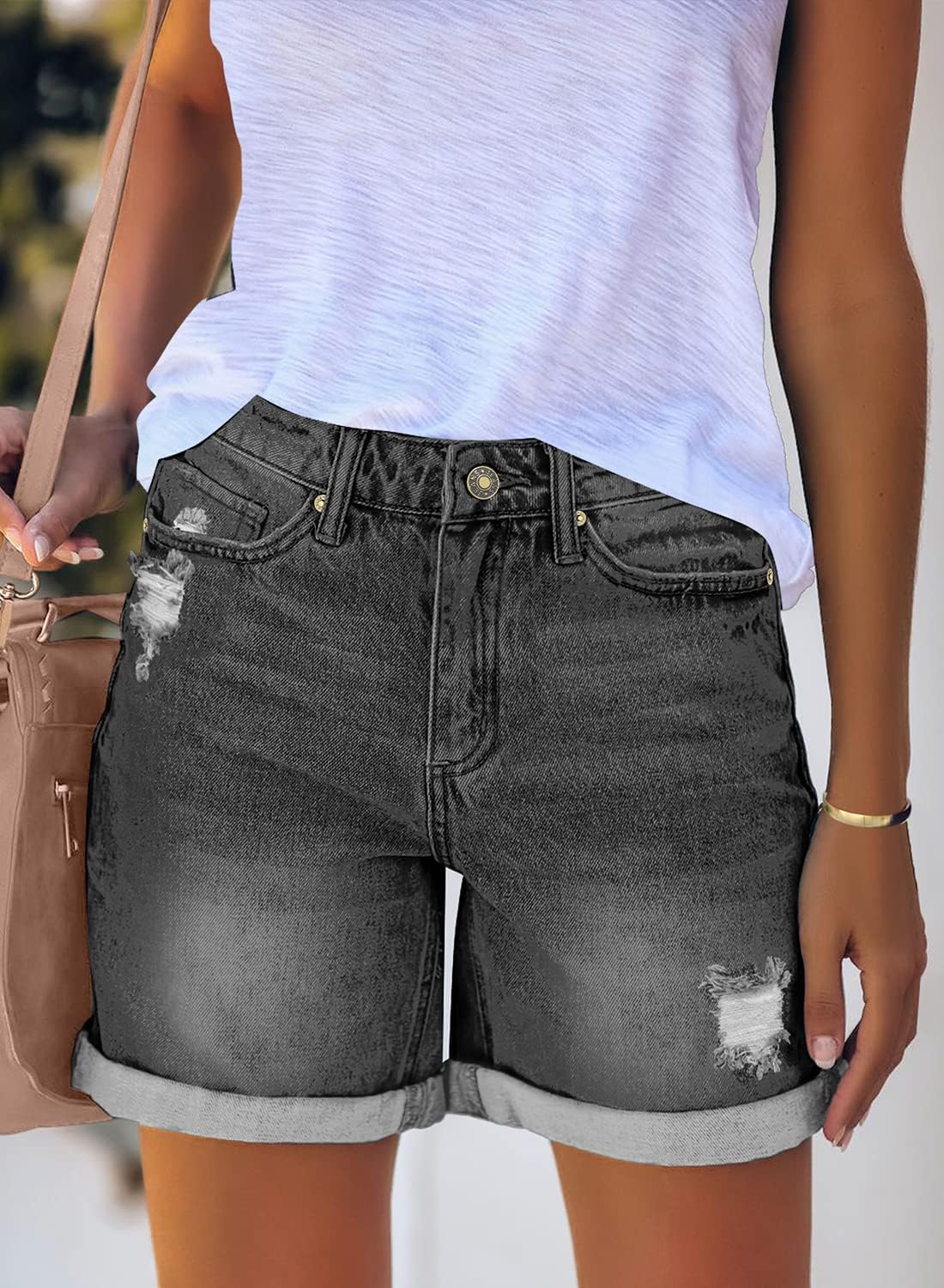 luvamia Women's Casual Ripped Denim Shorts High Rise Distressed Rolled Hem Jeans Shorts - Image 4