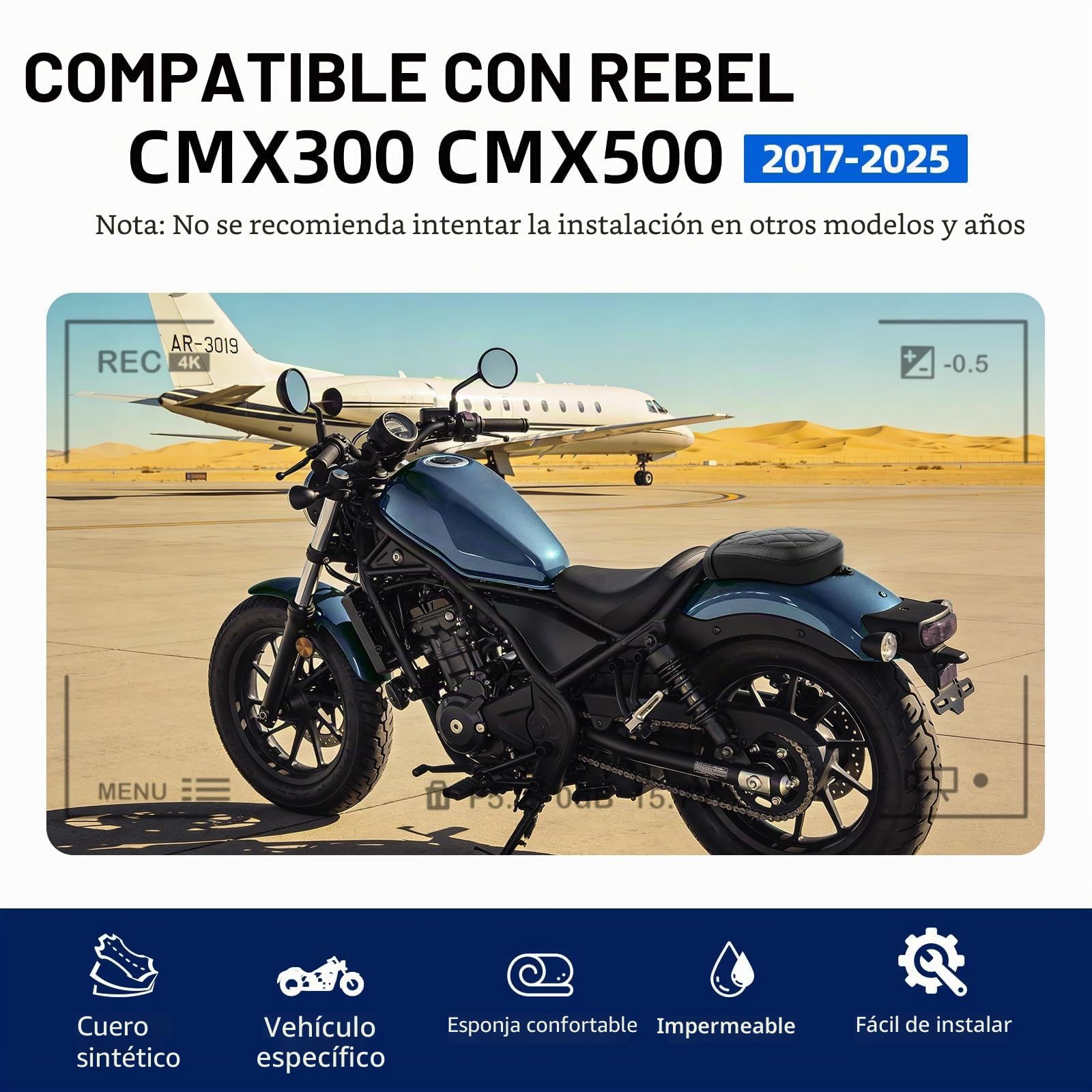 DREAMIZER Cojín de Confort para Pasajero de Moto en Cuero Asiento Compatible con Honda Rebel 300 500 CMX300 500 2017-2025