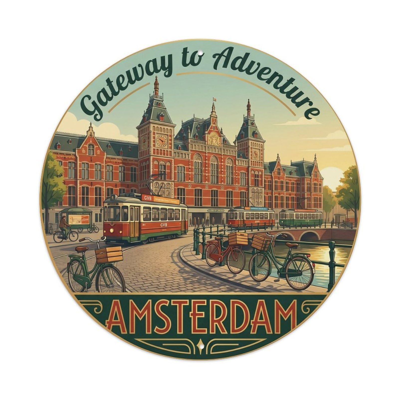 Vintage Travel Amsterdam Central Station Metal Tin Sign Plaque Wall Decor for Cafe, Club, Garden Round Metal Poster 8x8Inch