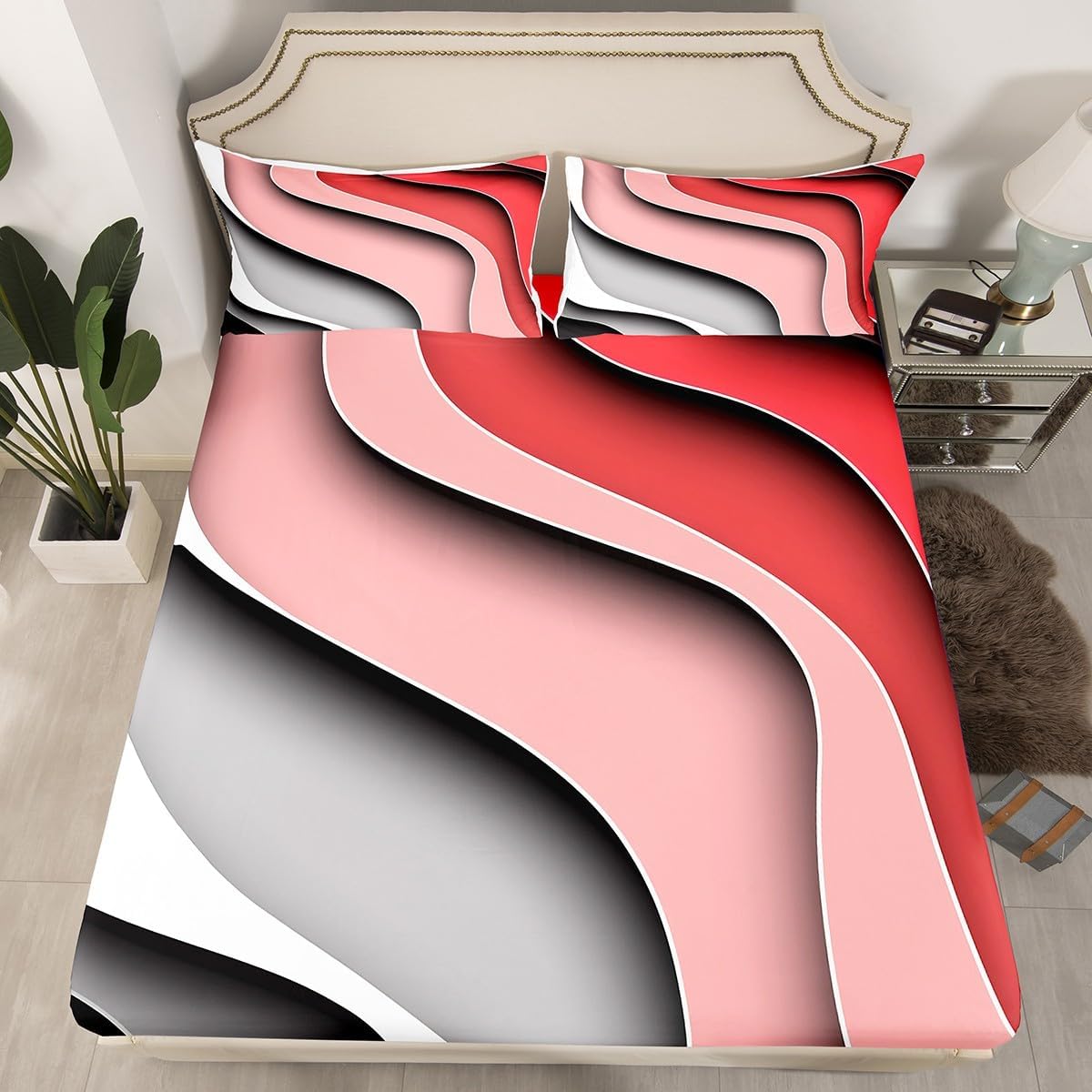 Erosebridal Abstract Ocean Toddler Bed Sheets Marine Sea Fitted Sheet Full Size, Rainbow Ombre Sheets Minimalism Striped Bedding, Coastal Beach Bed Cover Pink Grey Gray Black 3pcs (No Top/Flat Sheet)