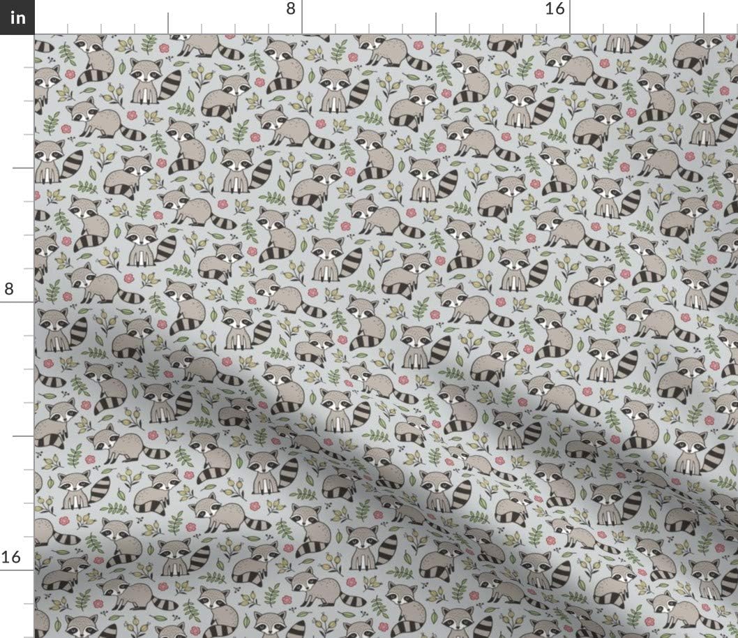 Spoonflower Fabric - Raccoon Leaves Flowers Light Gray Smaller Raccoons Woodland Fall Printed on Petal Signature Cotton Fabric by The Yard - Sewing Quilting Apparel Crafts Decor