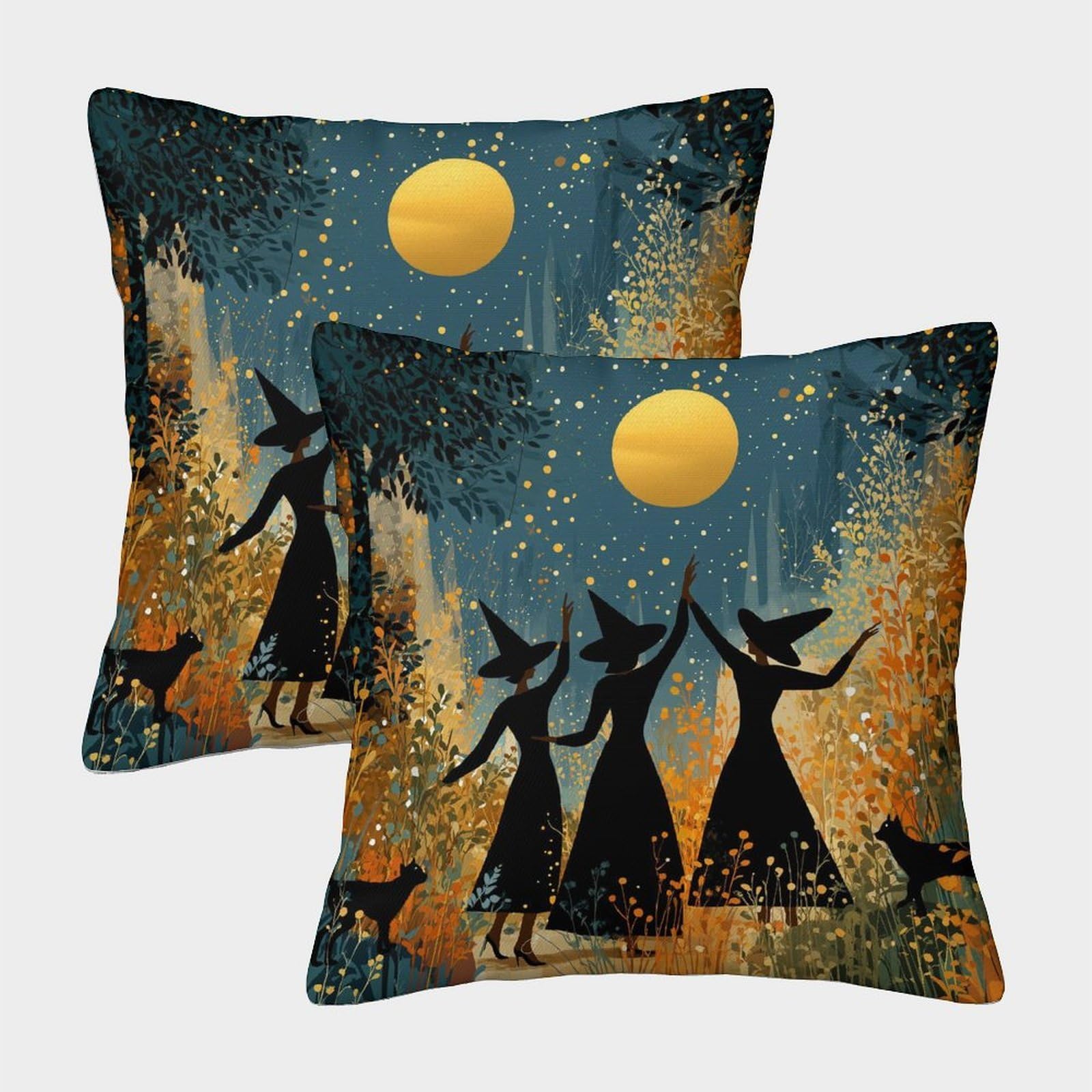 kaiyun 2 Pack Three Witches Wearing Black Pointed Hats, And A Black Cat Pillowcase 40x40cm, Cushion Cover,3D Digital Printing Bed Sofa Decorative