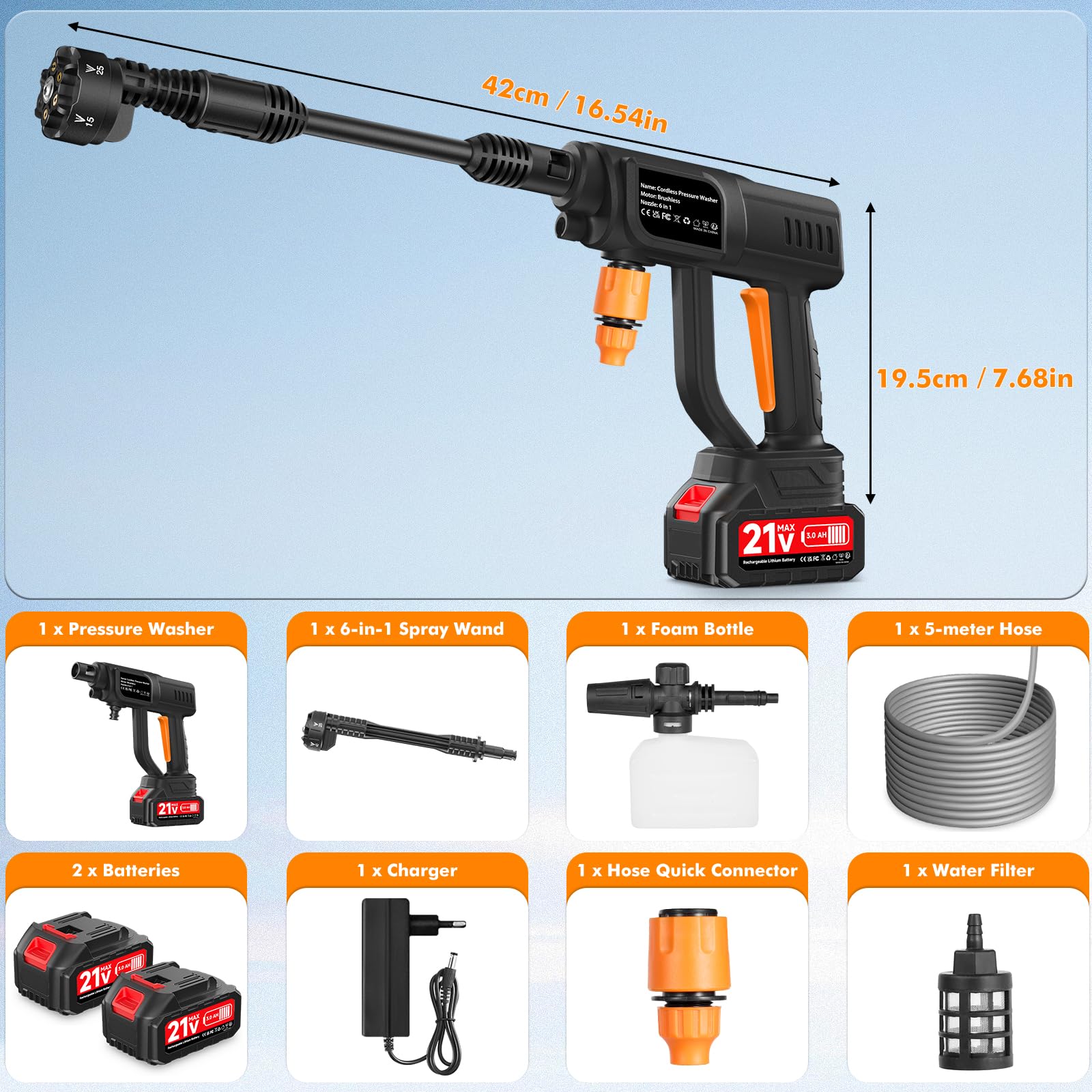 Pistola de Agua a presión, hidrolimpiadora bateria de 21V 120Bar, hidrolimpiadora con 2 baterías, Boquilla multifunción 6 en 1, Manguera de 5 m, depósito con Filtro, para Coche y Patio