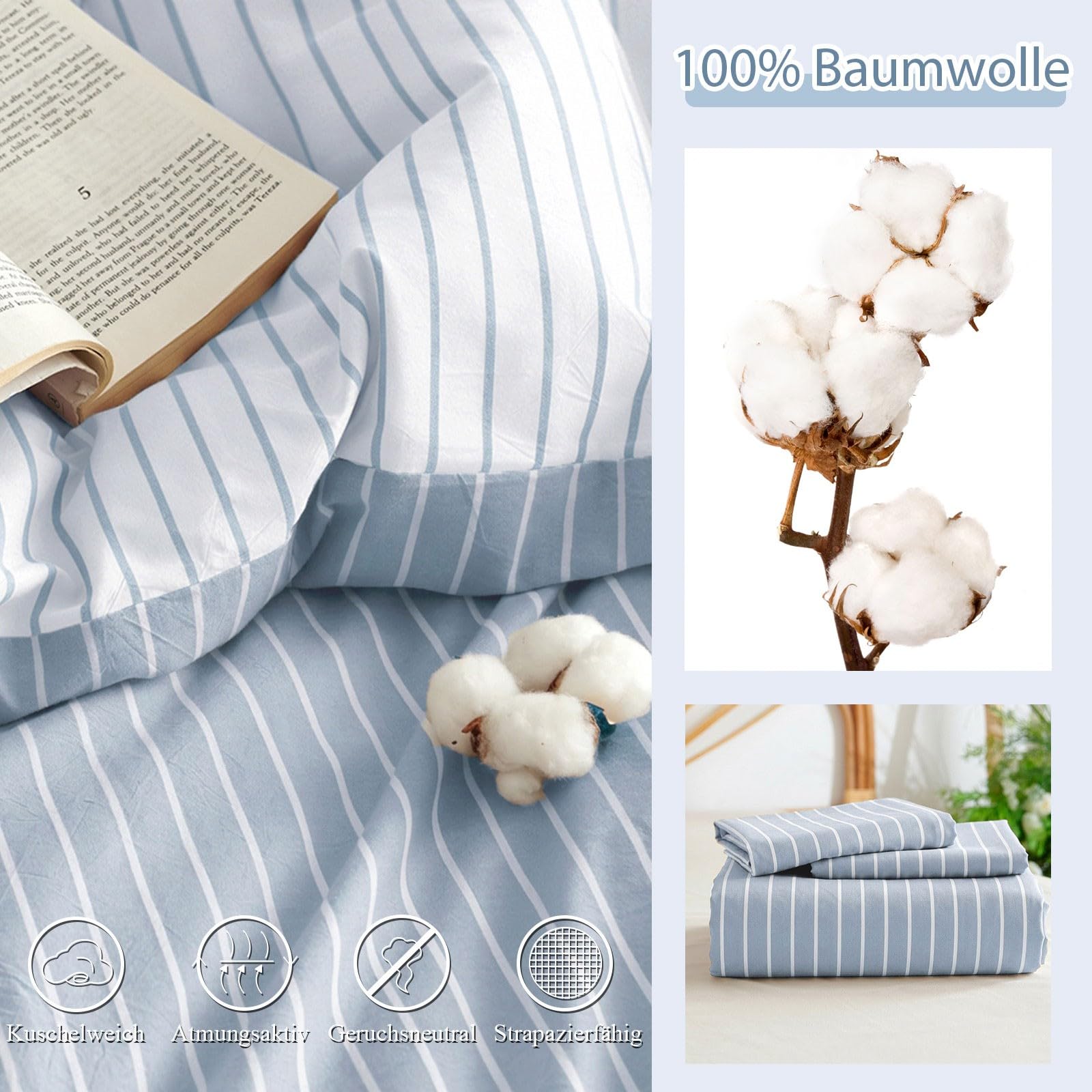 Freyamy Gestreifte Bettwäsche 155x220 Baumwolle Blau Weiß Gestreift Bettwäsche-Sets Aesthetic Streifen ÖKO-TEX Bettbezug 155x220 Deckenbezug mit Reißverschluss und 1 Kissenbezug 80x80cm
