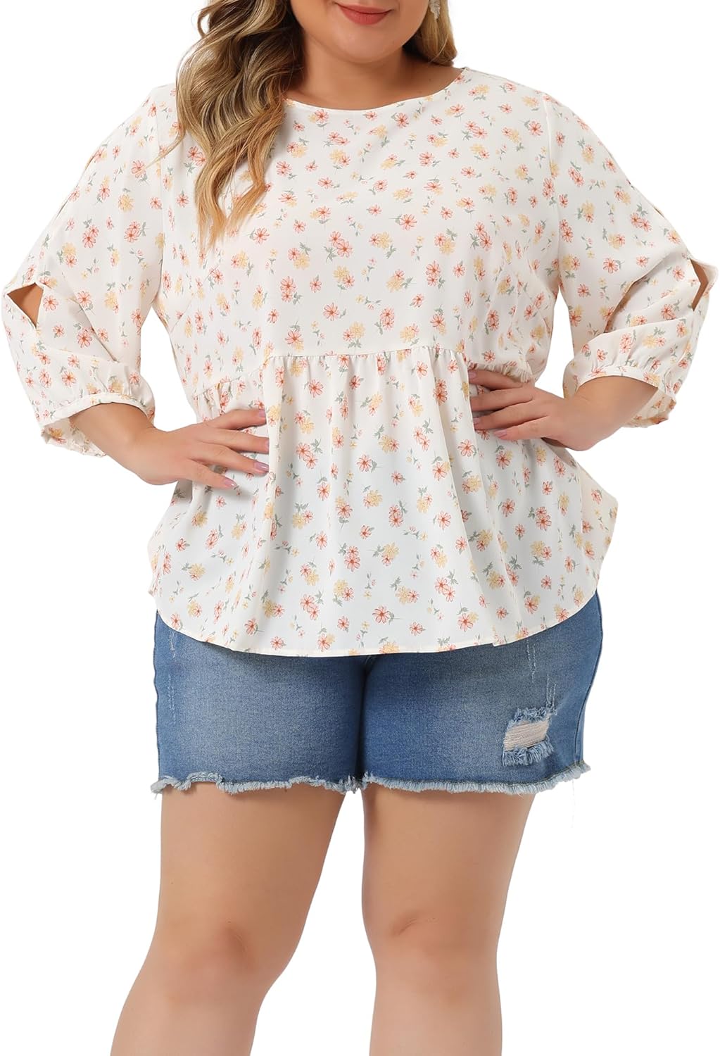Agnes Orinda Plus Size Floral Blouses for Women Cut Out 3/4 Sleeve Babydoll Peplum Tops - Image 2