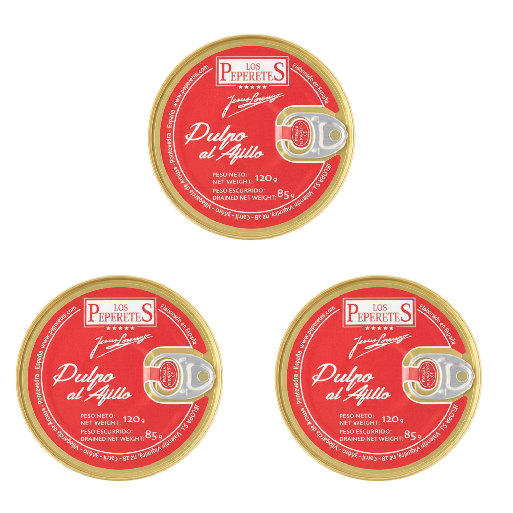 LOS PEPERETES x3 Lata Pulpo al Ajillo 120 g | Marisco Gallego Gourmet | Conserva Artesanal en Aceite de Oliva con Ajo Natural | Pulpo del Atlántico | Sabor Tradicional de Galicia