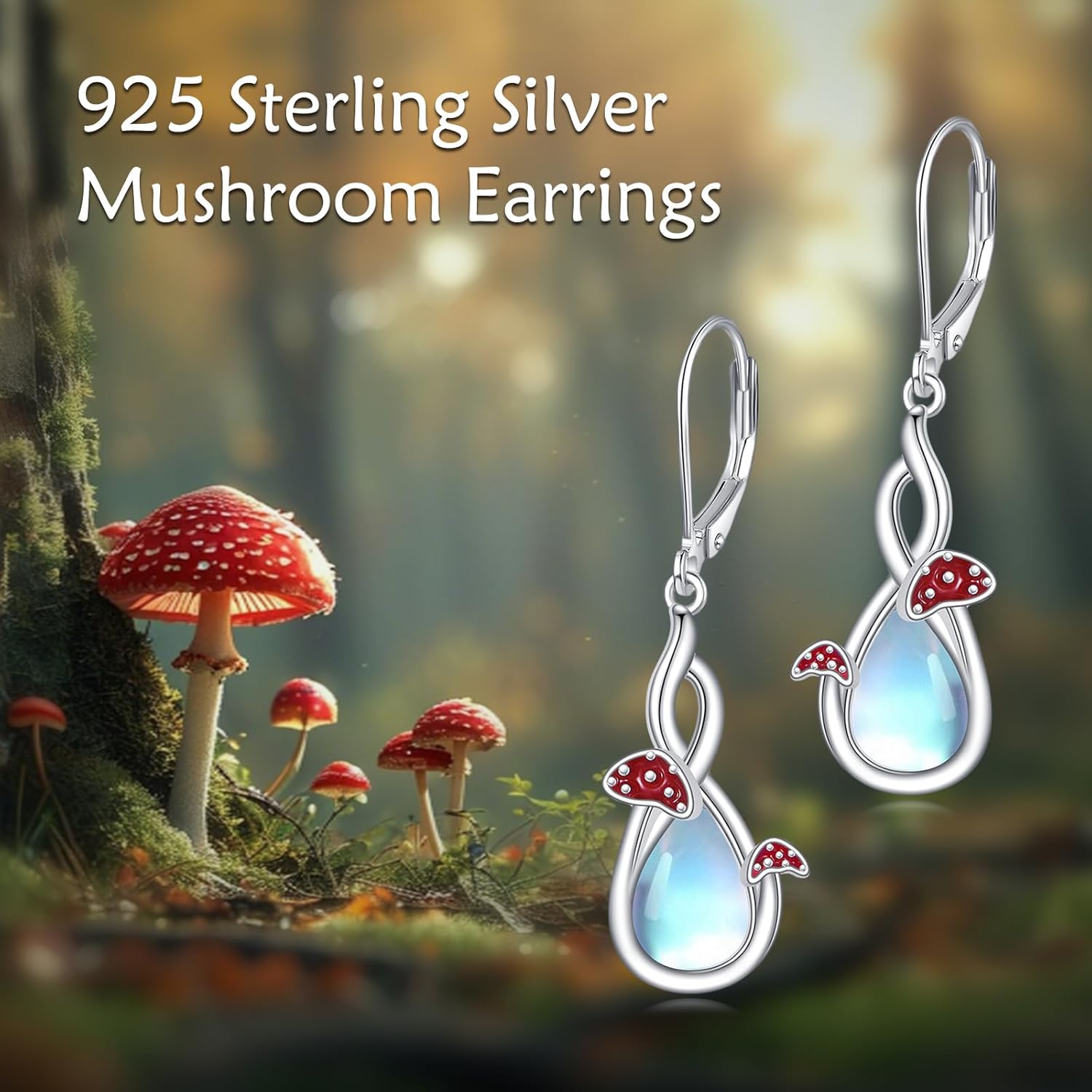 Mushroom Earrings for Women 925 Sterling Silver Moonstone Dangle Drop Earrings, Infinity Leverback Jewelry Gifts for Women - Image 6