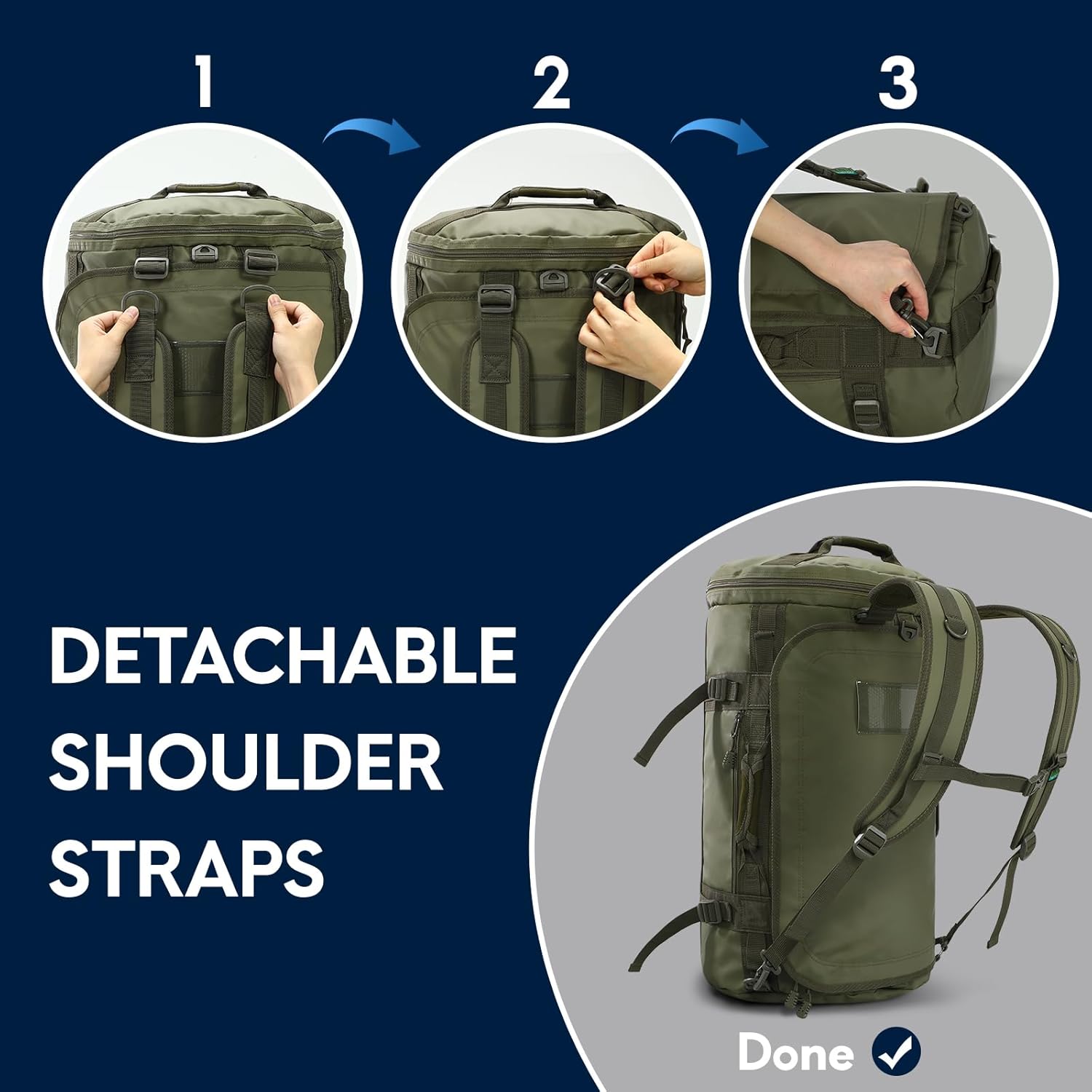 Haimont 45L Gym Duffle Backpack Bag Convertible Travel Duffle with Shoes Compartment for Men Women with Straps, Water-resistant, Army Green - Image 2