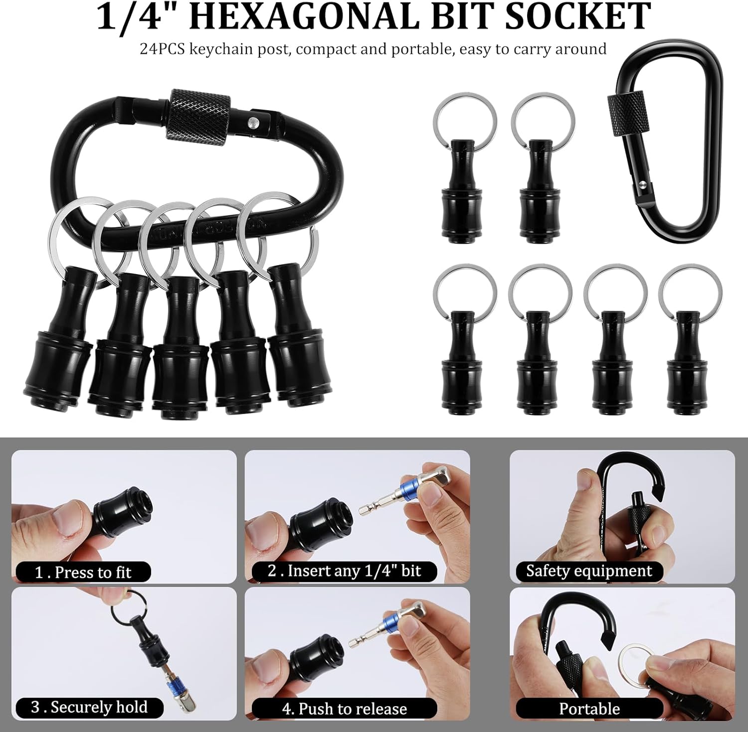 24Pcs Bit Holder Keychain 1/4inch Hex Shaft Screwdriver Bit Holder Portable Extension Bar Keychain Screw Adapter Aluminum Alloy Drill Extension Bit Holder with 4 Carabiner for Screw Driver