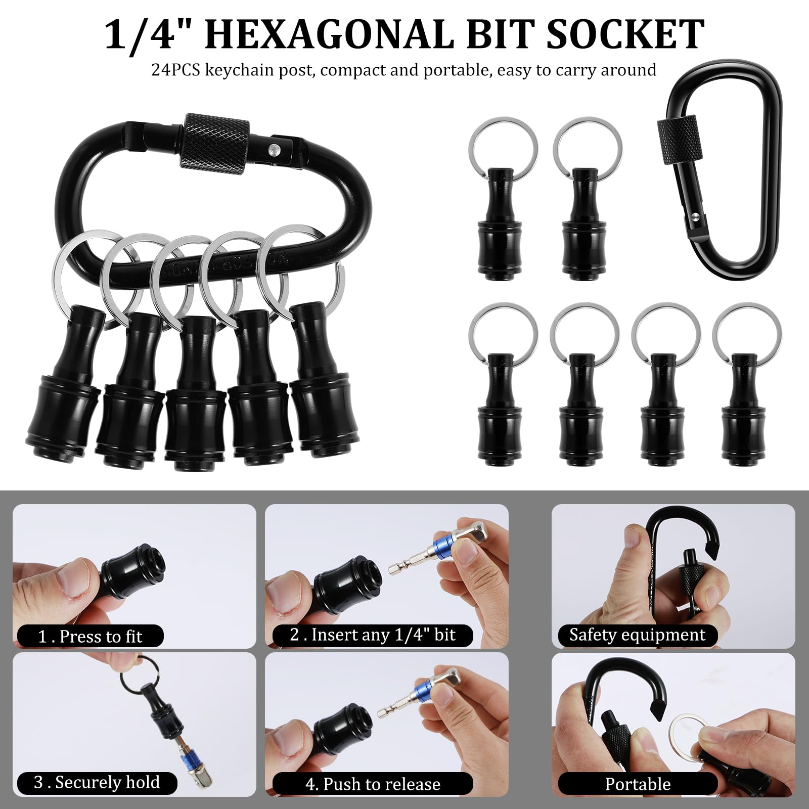 12 soportes de puntas de destornillador de eje hexagonal de 1/4 pulgadas, barra de extensión portátil, llavero, adaptador de tornillo, soporte de broca de aleación de aluminio con 2 mosquetones para