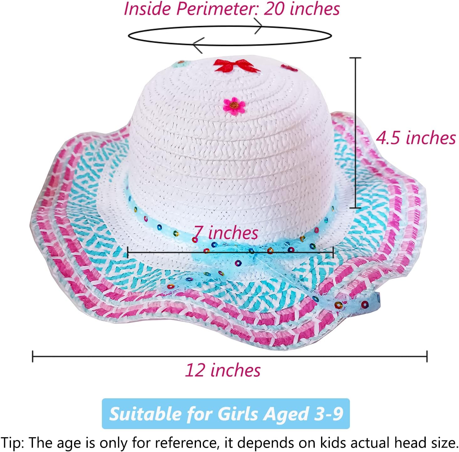 6 Pcs Girl Tea Party Garden Party Hats in Assorted Colors & Assorted Styles,Hats for Girls Dress up Princess Costume Birthday Party Supplies Easter Bonnets Beach Sun Hats, for Age 3-9 - Image 5