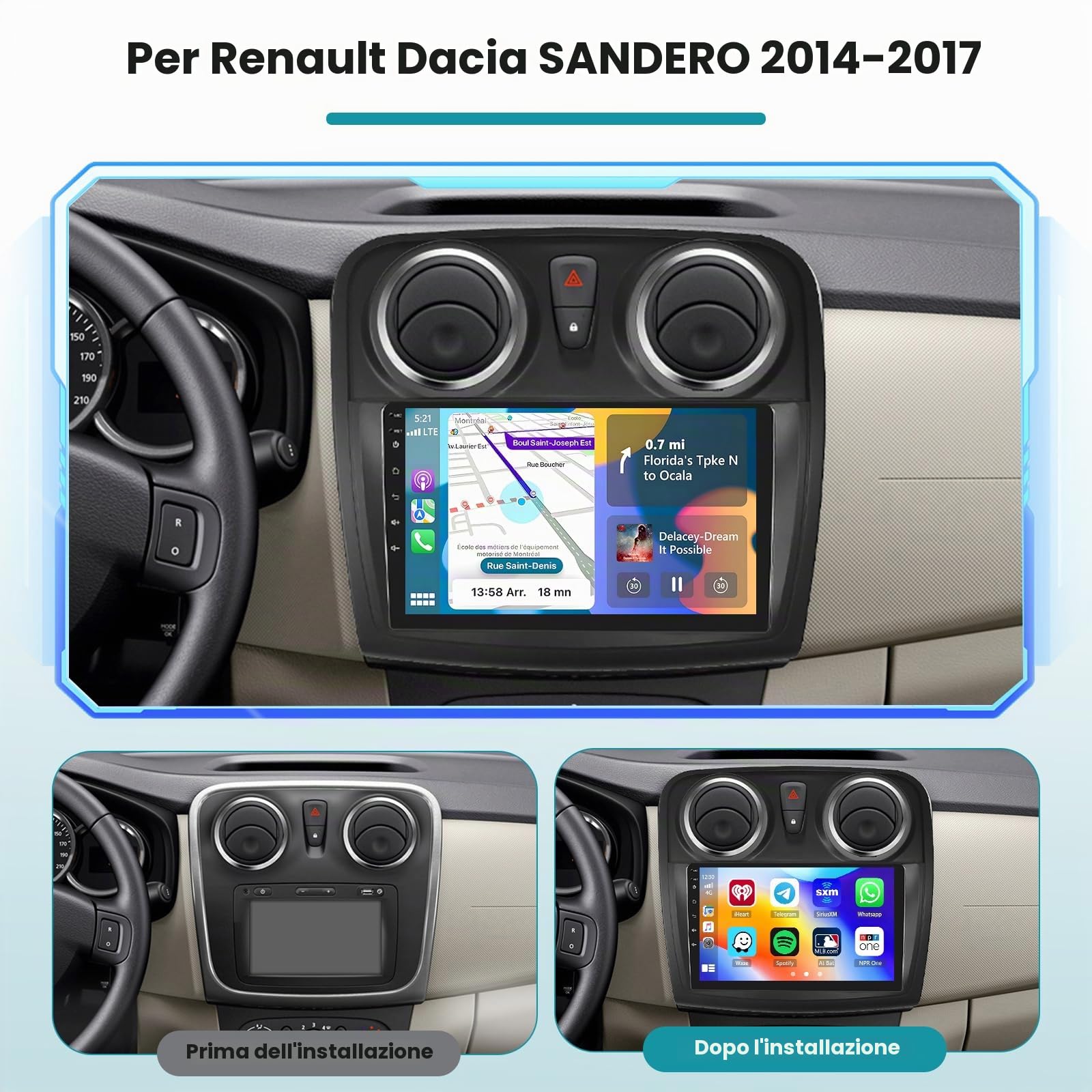 Roinvou 2+64G Autoradio per Renault Dacia Sandero 2014-2017, 9'' | Wireless Carplay Android Auto, Android Stereo Auto, Wi-Fi GPS Bluetooth EQ, FM/RDS SWC Telecamera Posteriore