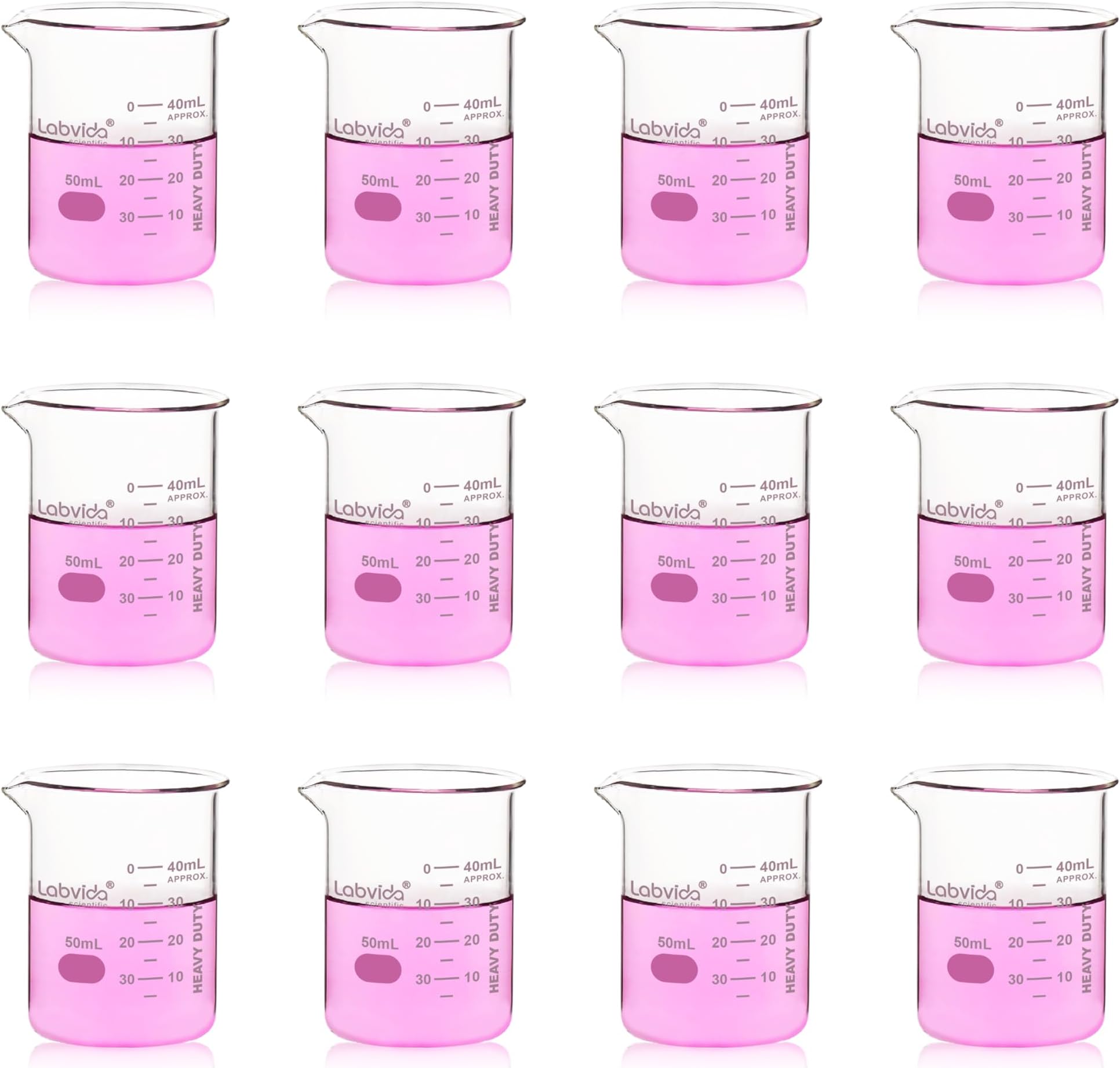 12pcs 50ml Upgrated Thick Glass Beakers, Shot Glass Beaker set, 3.3 Boro Griffin Low Form, Double Scale, LVA003