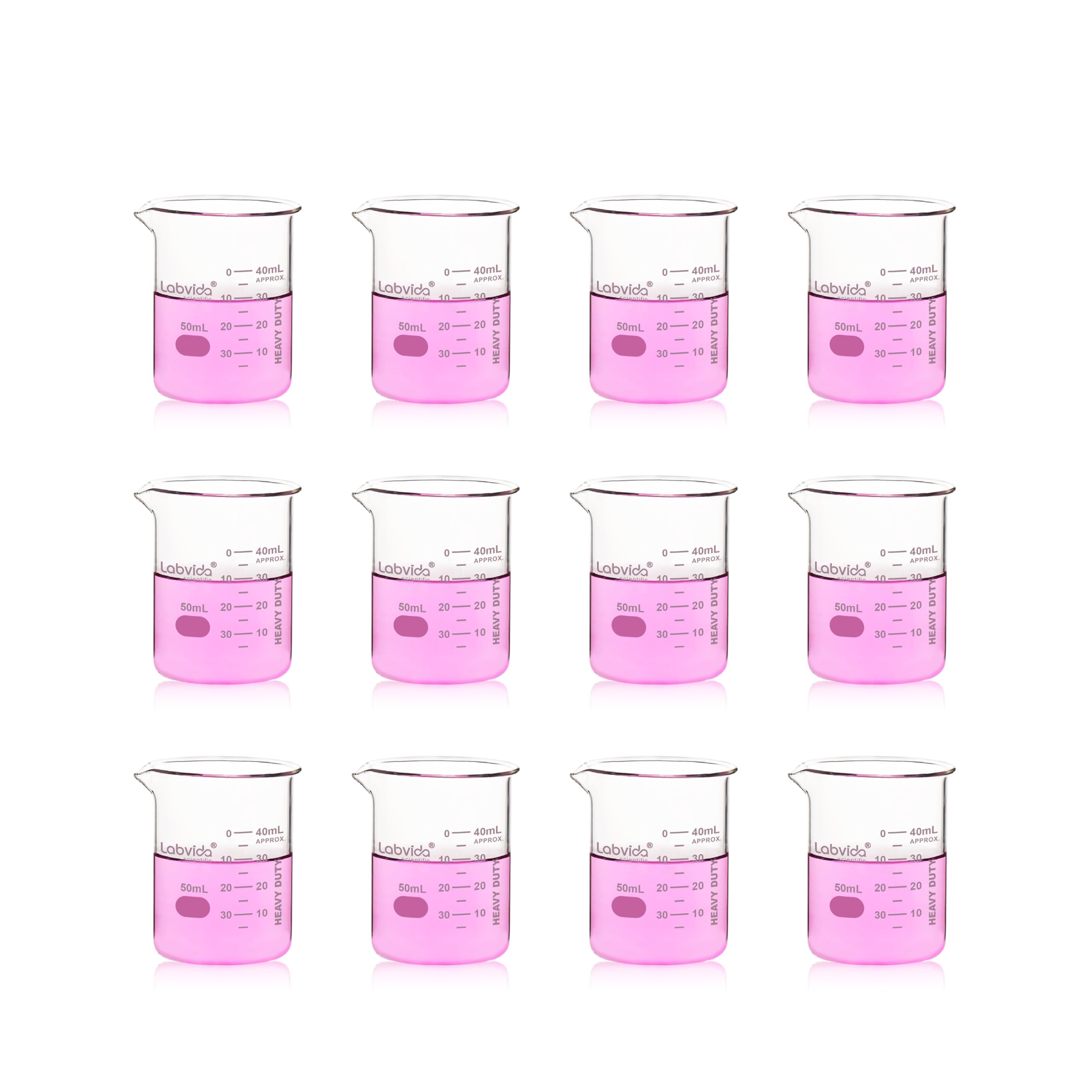 12pcs 50ml Upgrated Thick Glass Beakers, Shot Glass Beaker set, 3.3 Boro Griffin Low Form, Double Scale, LVA003