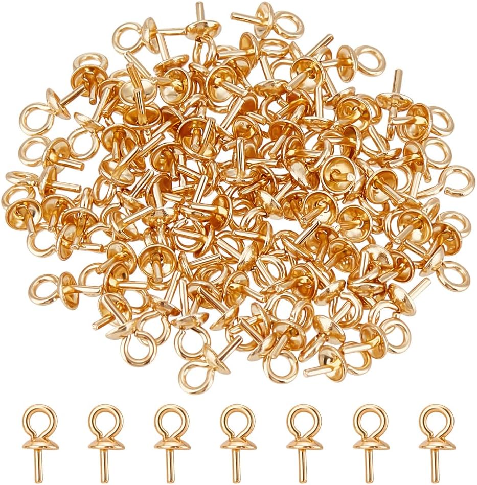 100Pcs Eye Pin Bail Peg Pendants 304 Stainless Steel Mini Screw Eye Pins 7mm with Cap Golden Cup Pearl Screw Pin Pendant Bails Pendant Connectors for Half Drilled Beads Jewelry Making