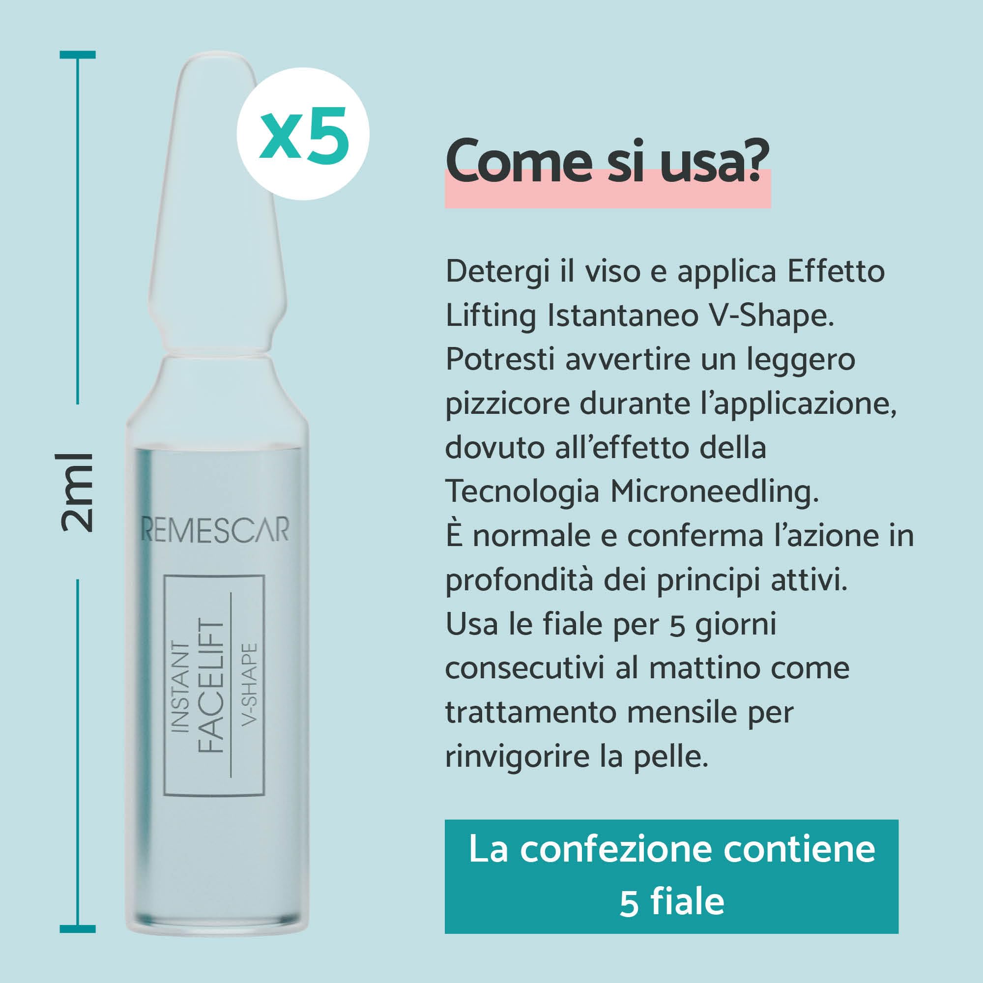 Remescar Instant Facelift V-Form 5 fiale | Siero Microneedling per rassodare la pelle, booster al collagene contro le rughe per contorni del viso definiti