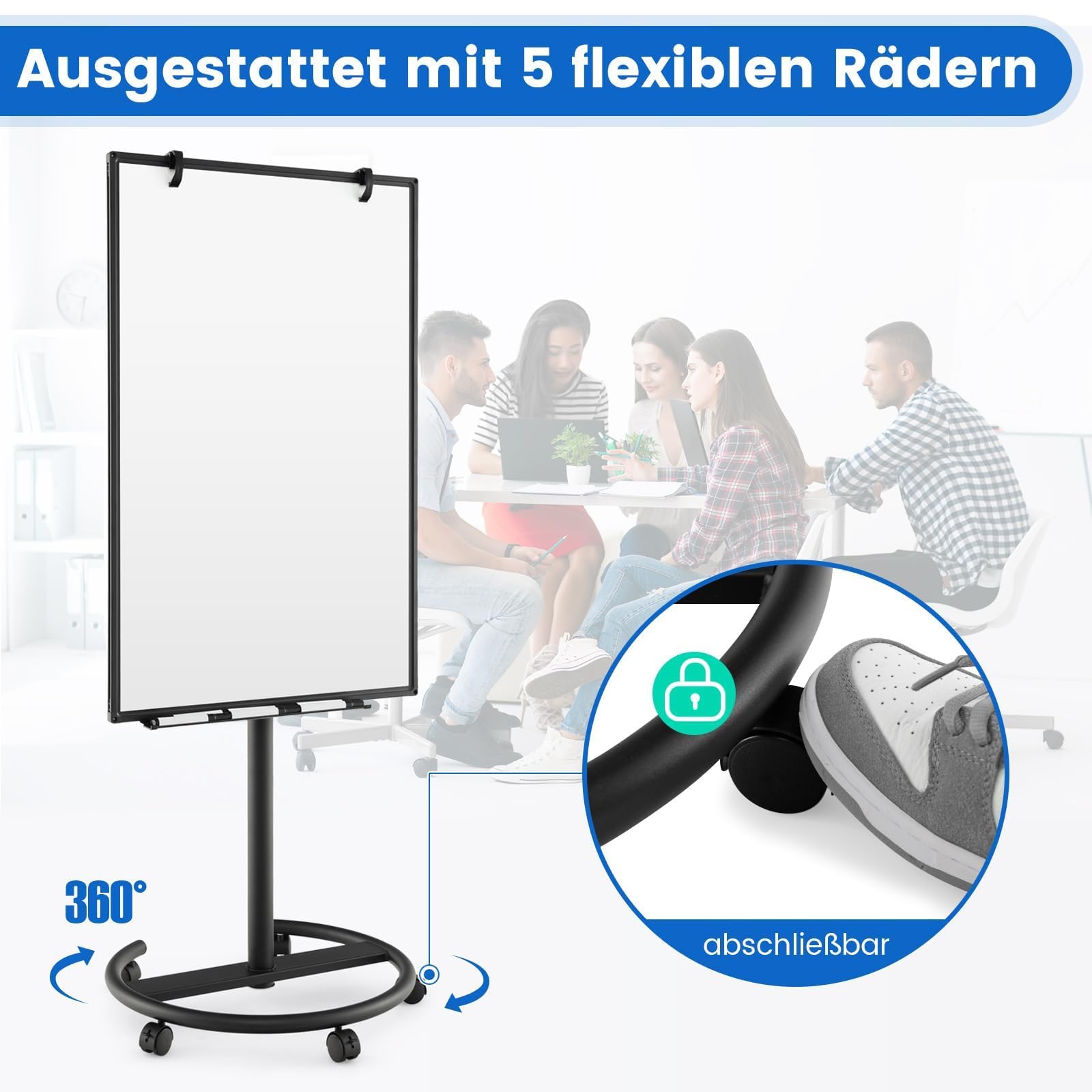 FANTASK mobiles Whiteboard, 100x65cm, Flip Chart auf Rollen, trocken abwischbar, höhenverstellbar bis 192cm, magnetisch, Flipchart Ständer mit Markern, Magneten, rundem Ständer & Radierer