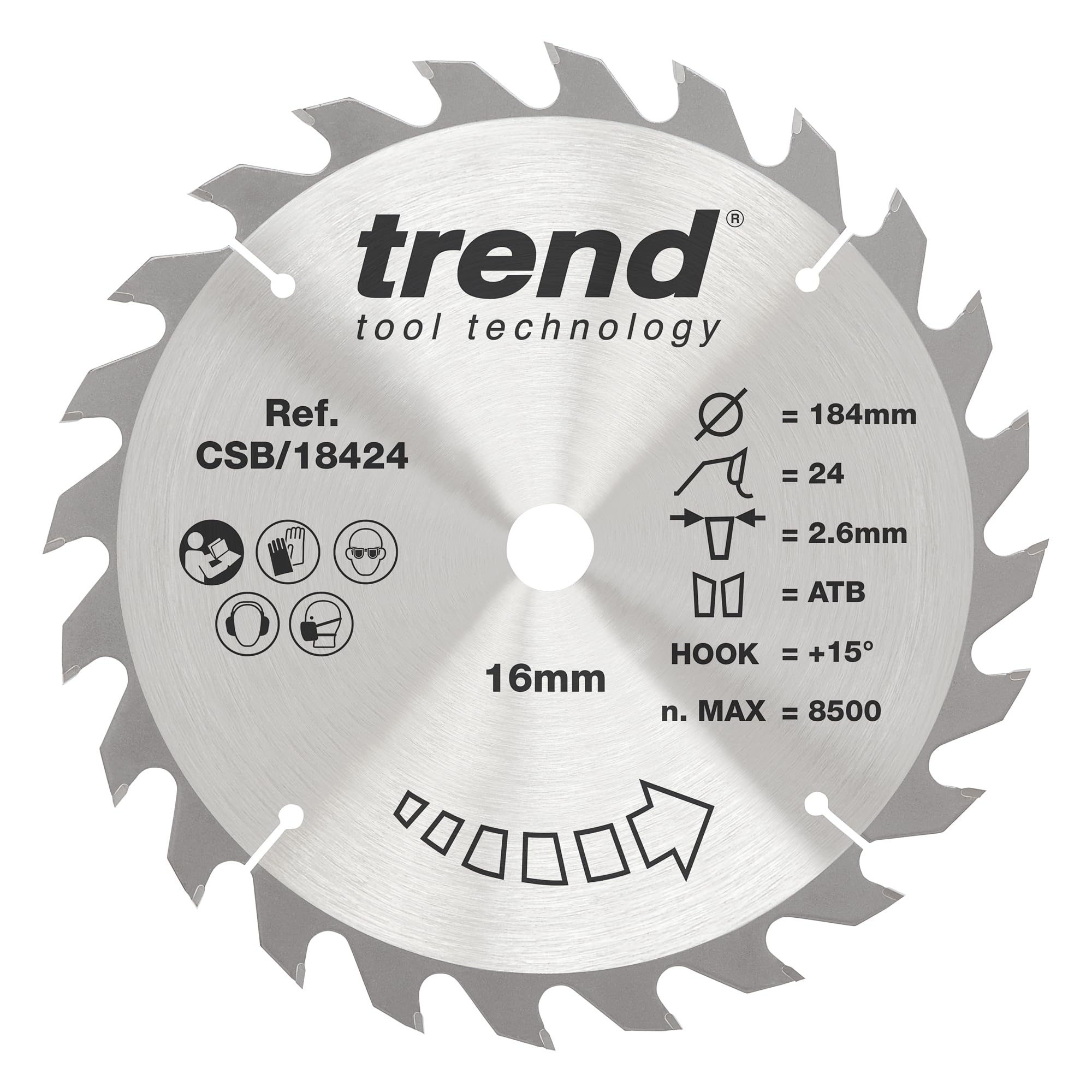 Trend 184Mm X 24 Teeth X 30Mm Bore Wood Circular Saw Blade, 184Mm Diameter, 30Mm Bore, 24 Teeth, 2.6Mm Kerf, +15° Hook, Tct, Medium Finish, Csb/18424A