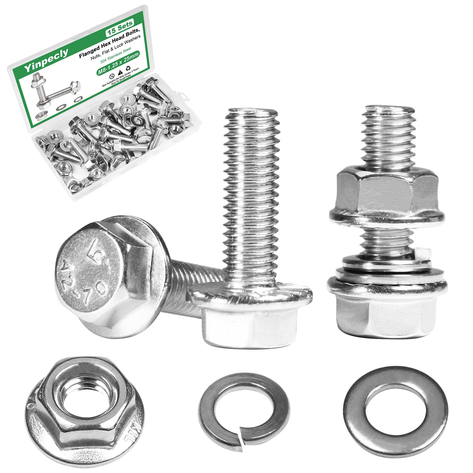 Yinpecly 15 Sets M8-1.25 x 25mm Flanged Hex Head Bolts Kits, M8 Flange Hexagon Screws and Nuts,Flat & Spring Lock Washers,18-8 (304) Stainless Steel,