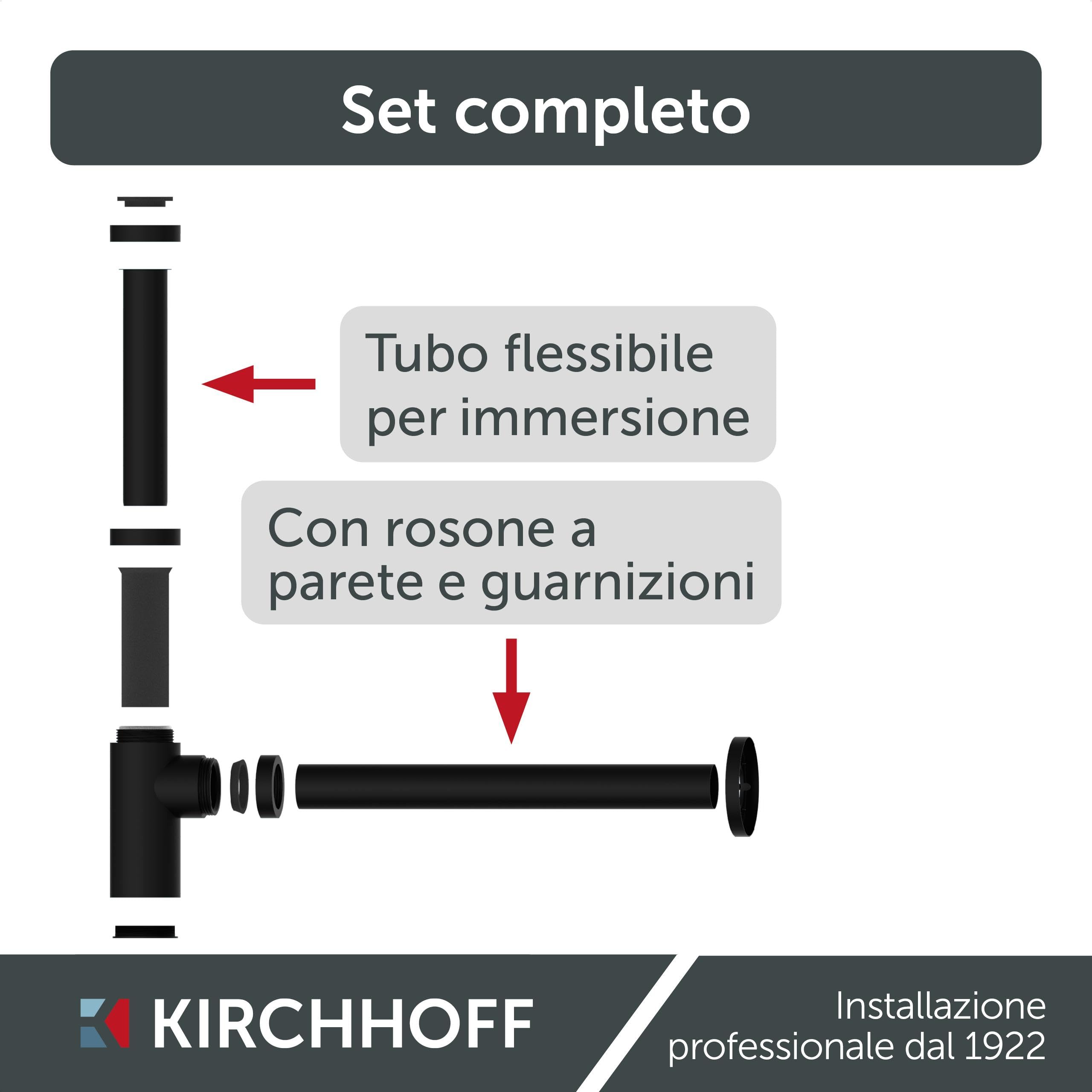 Kirchhoff Sifone di design, sifone per lavabo, in plastica anticorrosione, sifone per lavabo e lavandino, sifone con apertura di pulizia, 98803828, nero