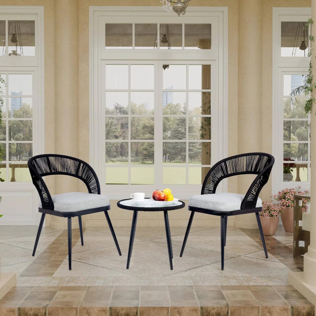 Rope Patio 2 Seater Chairs & Table Set Outdoor Garden Furniture Set for Home (Black + White)-image-31