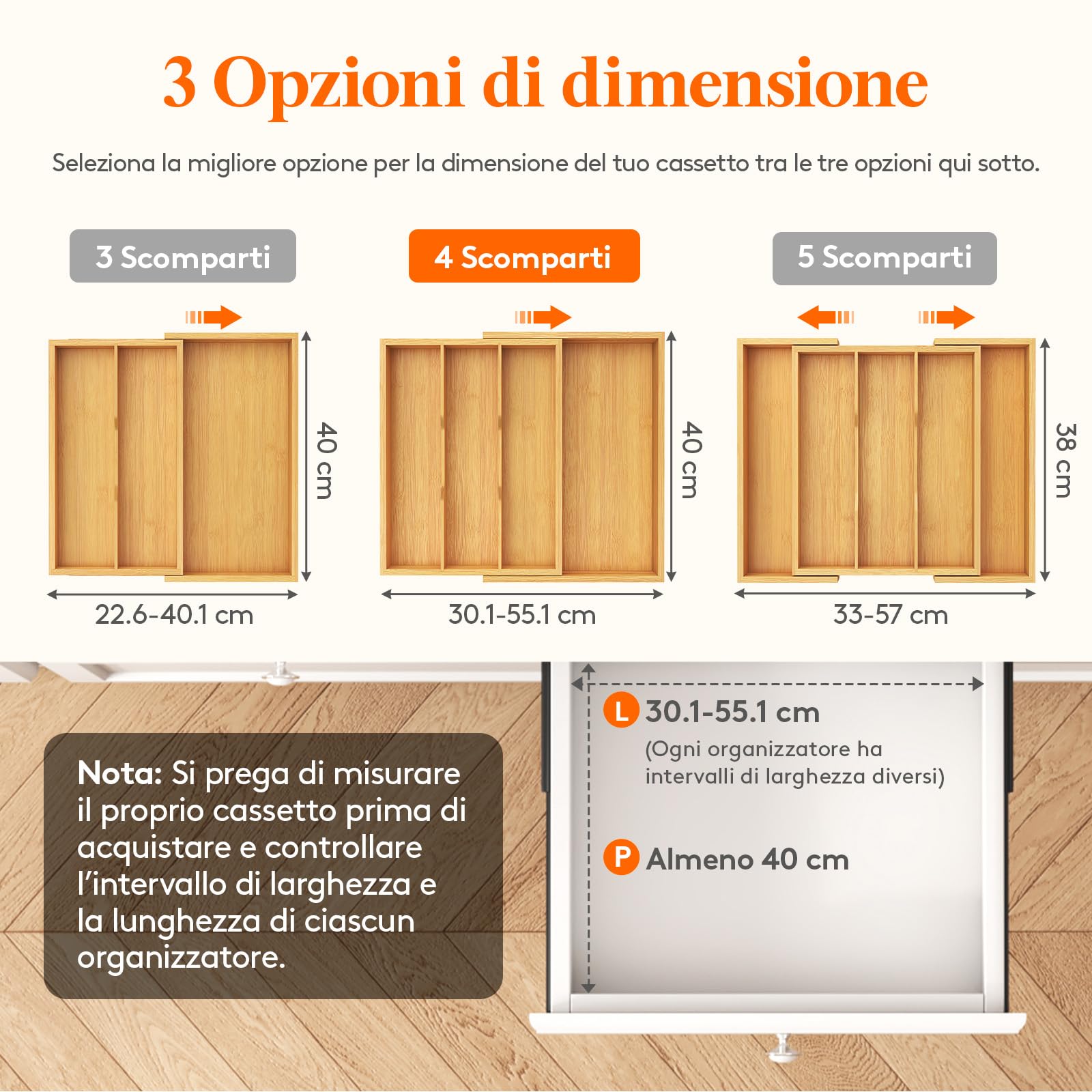 Lifewit Portaposate da Cassetto Espandibile da 3 a 4 Scomparti, Organizer Posate da Cassetto, Organizer Cucina in Bambù per Posate, Divisorio per Cassetti, Forchette, Coltelli, Cucchiai, Naturale