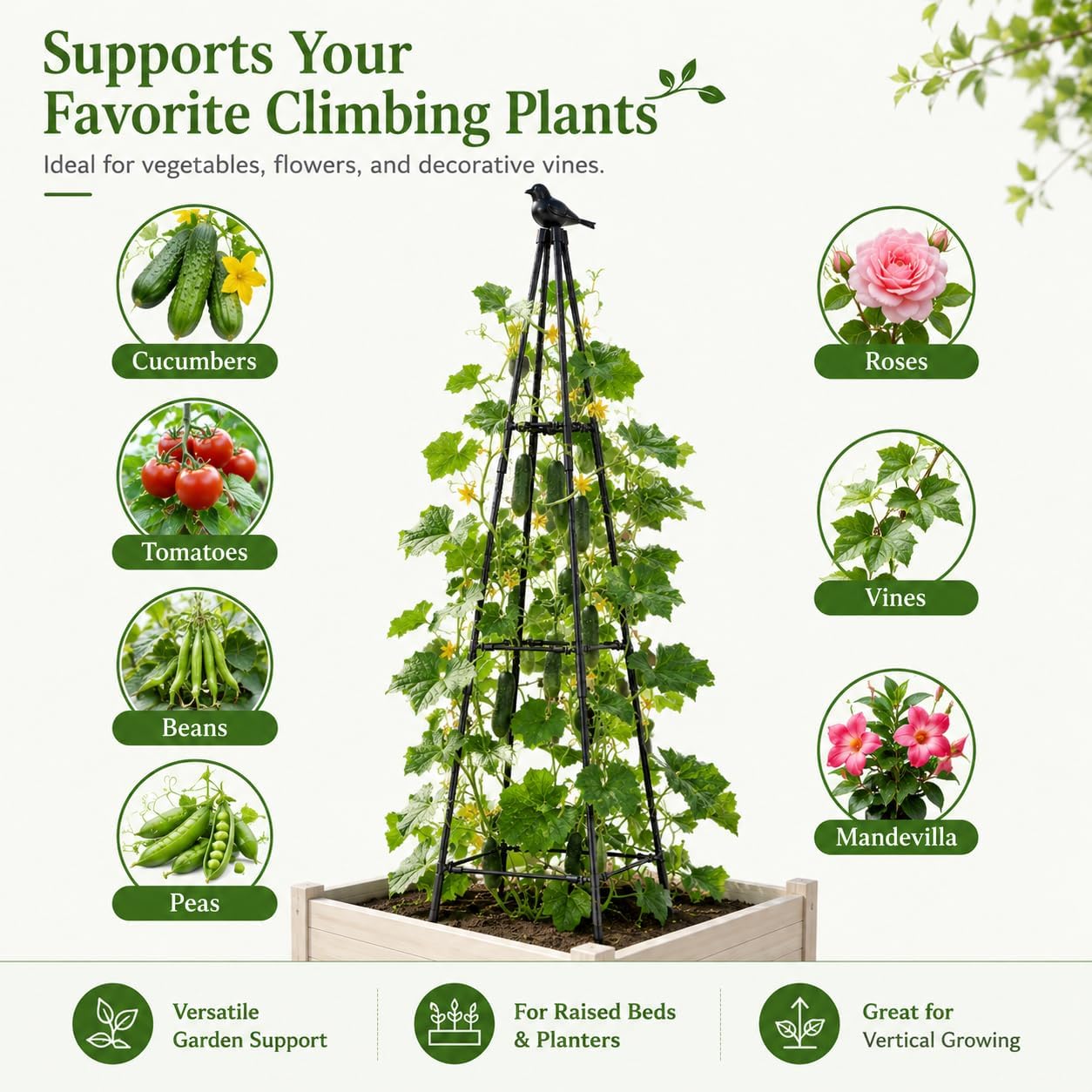 OTOSUNNY Traliccio obelisco da giardino, 170 cm, per piante rampicanti | Traliccio in metallo alto 170,2 cm per piante rampicanti per piante rampicanti, pomodori, piselli, fagioli, cetrioli