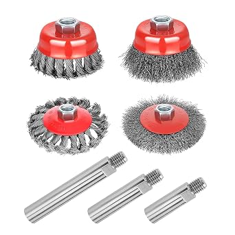 7 Pack Wire Wheel Cup Brush for 4 1/2 Angle Grinder with 5/8"-11 Thread Extension Rod,4 & 3 Inch Twist Knotted Coarse Crimped Wire Brushes Wire Wheel Set & Grinder Extension Rod
