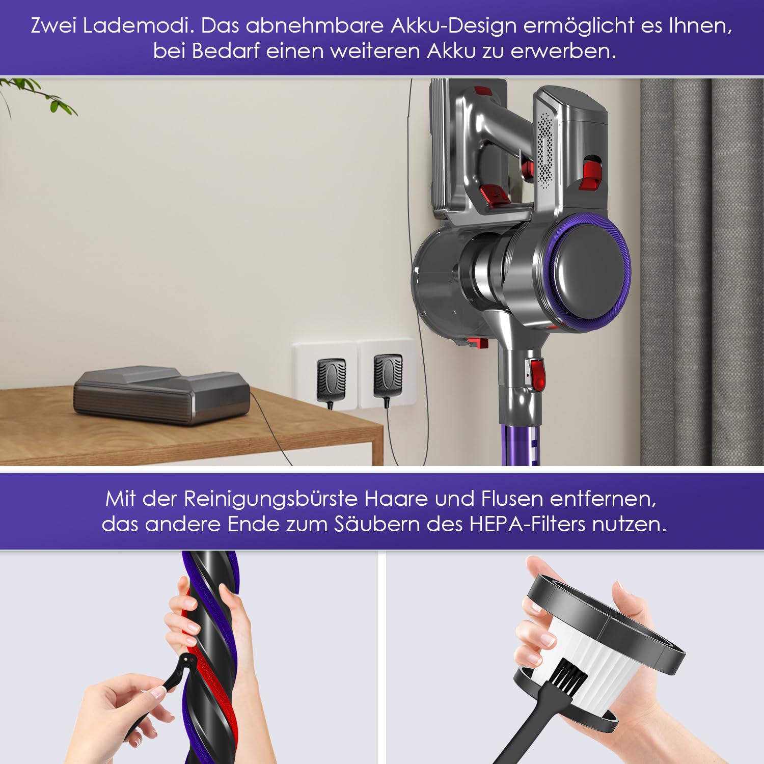 Akku Staubsauger Kabellos, 45000Pa Kabelloser Staubsauger mit Touchscreen, 50Mins, 1.6L, H13 HEPA, Anti-Tangle-Bürste, für Hartböden/Teppich/Tierhaare, Violett