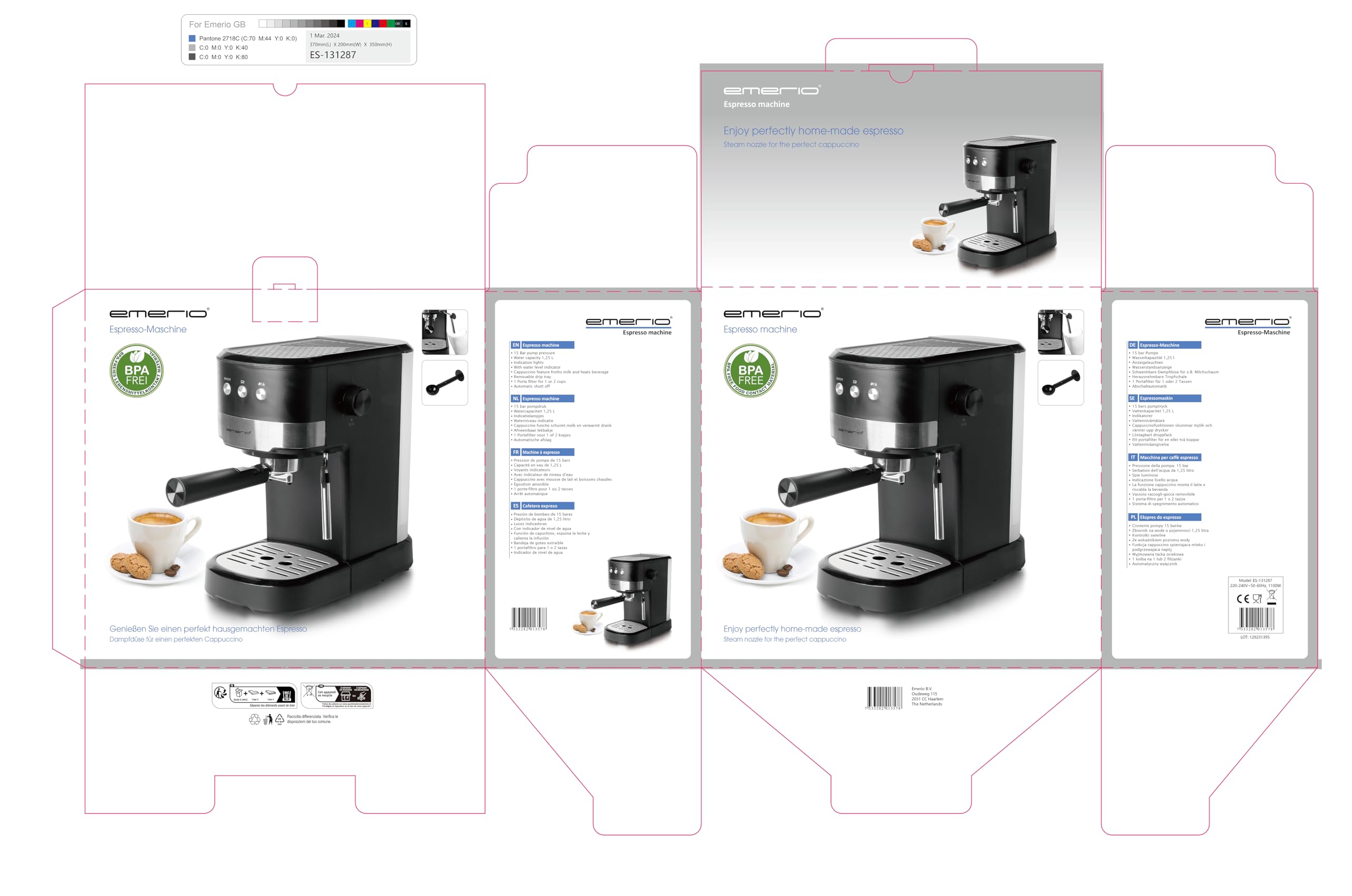 Emerio Espressomaschine STYLE | Siebträger | 15 bar für perfekte Crema | schwenkbare Milchaufschäumer-Düse | 1,25L Wassertank (abnehmbar) | BPA frei | 2in1 Löffel & Bumper | 1100W | ES-131287