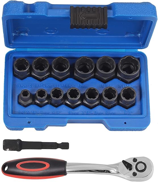 Justech 13PCs Impact Bolt & Nut Remover Set Nut Extractor Socket with 3/8 "Ratchet Wrench and 3/8" Connecting Rod for Removing Rust and Wear Wheel Nuts