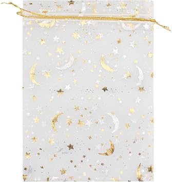 100 Pack 5 x 7 Inch Moon Star Organza Drawstring Bag B383, White
