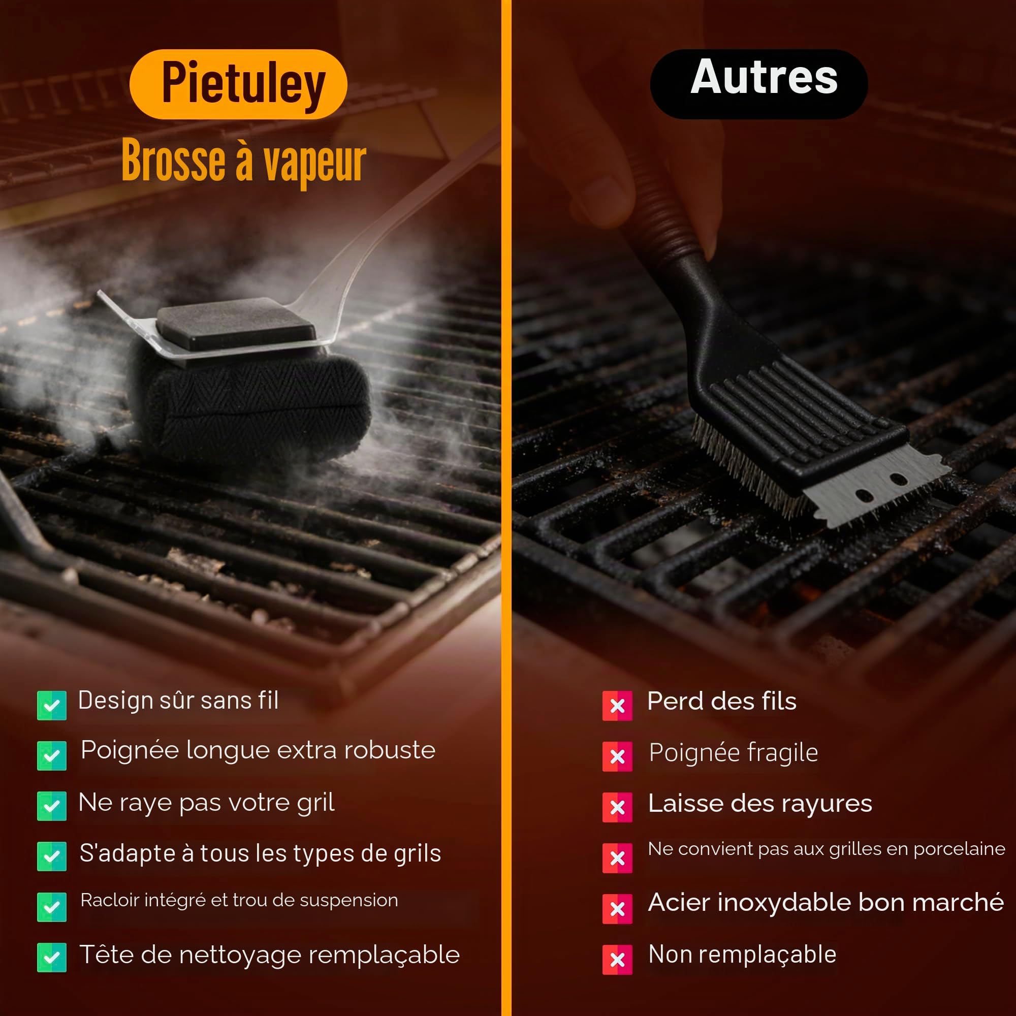 Pietuley Brosse Barbecue Sans Poils Vapeur avec Grattoir Acier Inoxydable, Sûre Accessoires Barbecue Ustensiles Brosse de Nettoyage Accessoire BBQ, Grattoir Plancha Accessoires pour BBQ et Fumoir