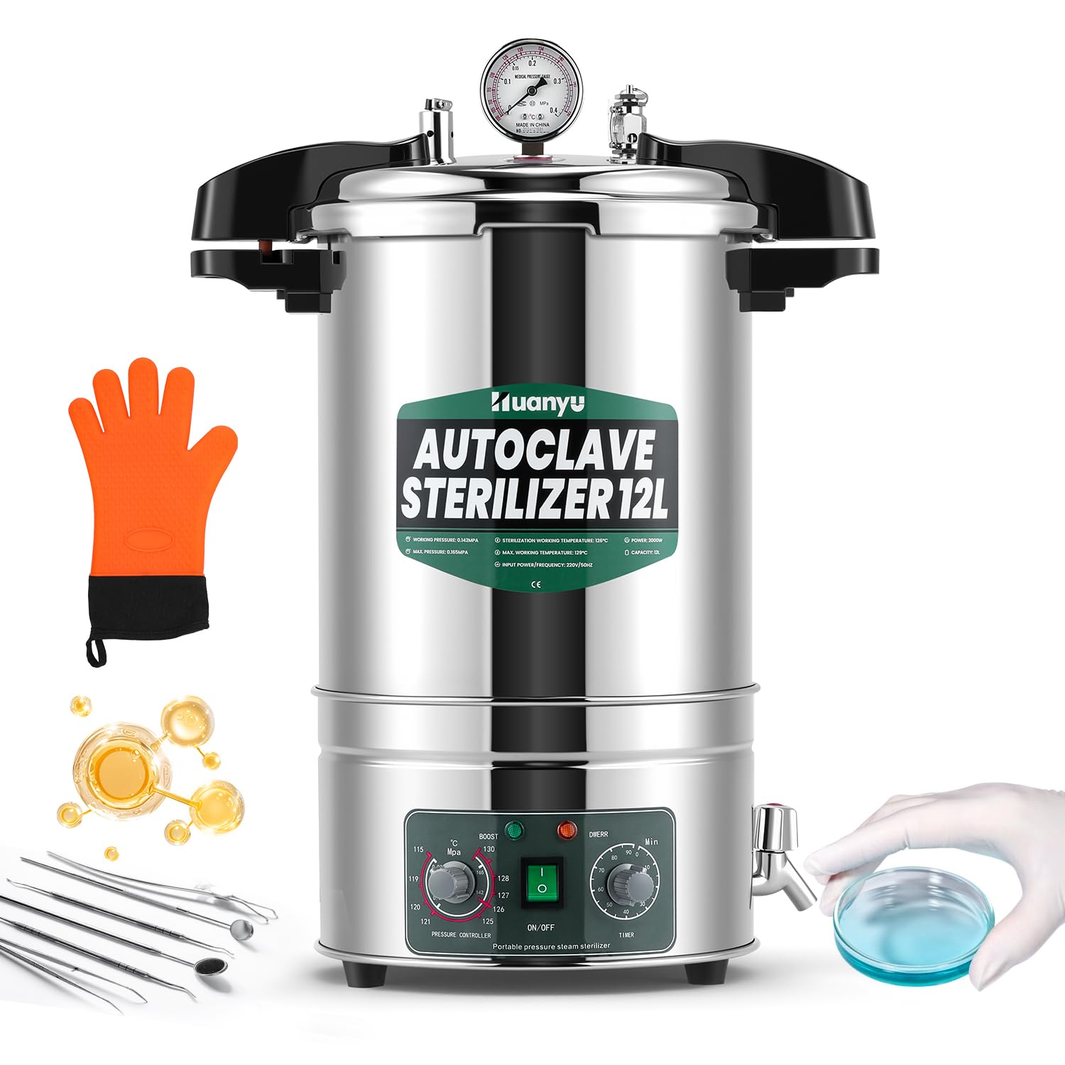 Huanyu 12L Autoclave Esterilizador Autoclave eléctrico de laboratorio ajustable en temperatura y tiempo Diseño de apertura rápida Esterilizador de vapor de alta presión para laboratorios Universidades
