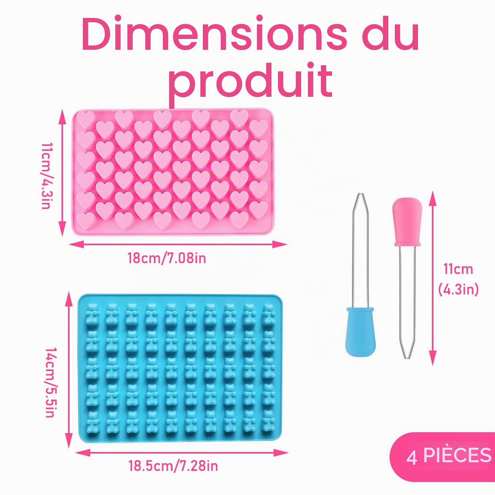 Moules en Silicone pour Oursons, Anti-adhésif, Forme de Cœur, 55 Cœurs/50, Lot de 2 avec Compte-gouttes