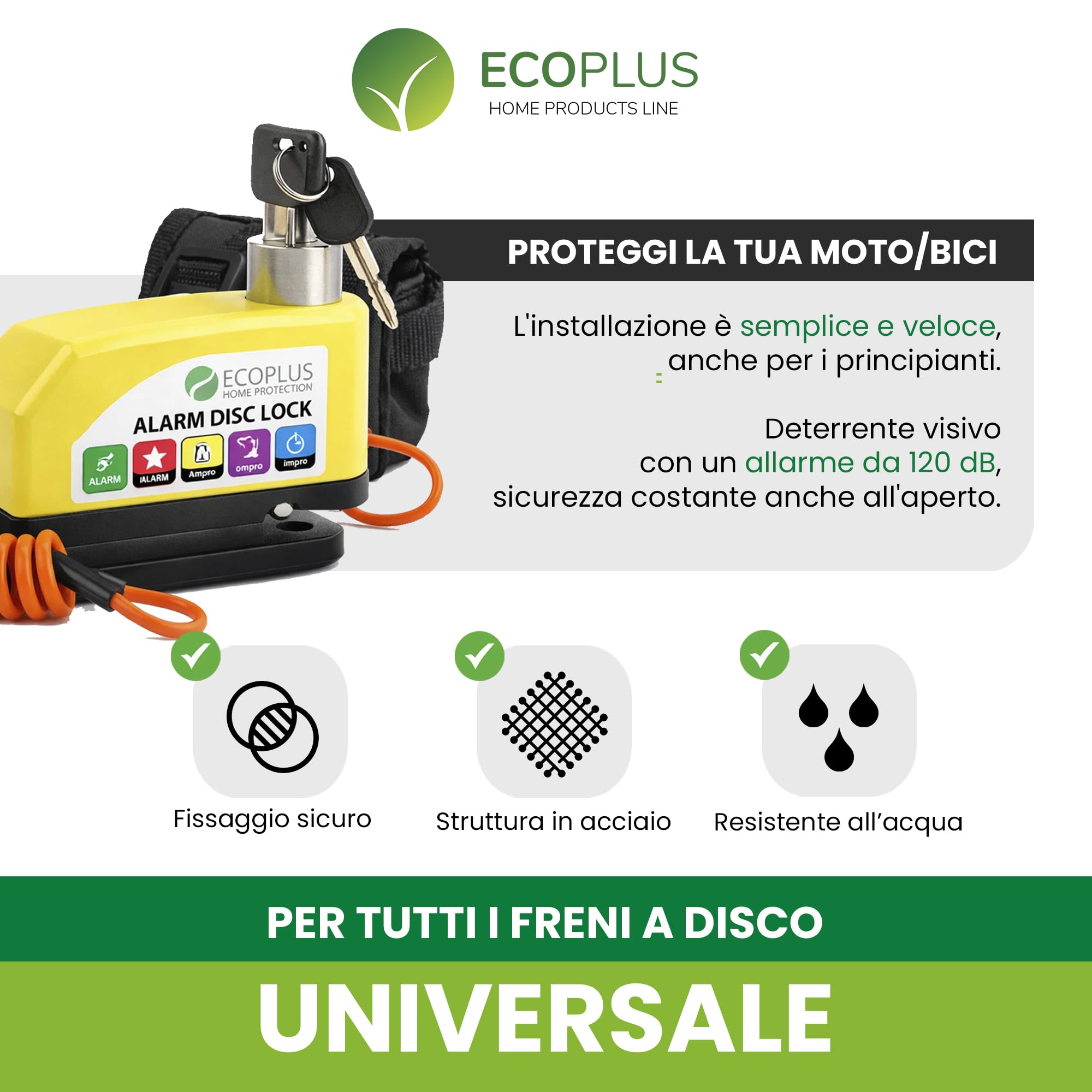 Bloccadisco Moto con Allarme 110 dB – Antifurto Moto Impermeabile in Lega di Alluminio, Lucchetto Blocca Disco 6 mm per Moto Scooter e Bici con Cavo Promemoria e 2 Chiavi