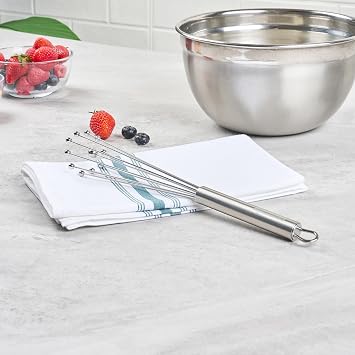 Restaurantware 10.5 in Stainless Steel Ball Whisk - German Standard Egg Beater with Ergonomic Handle, Dishwasher Safe - Manual Mixer Cooking Whisk for Baking, Stirring, Sauces, Beating