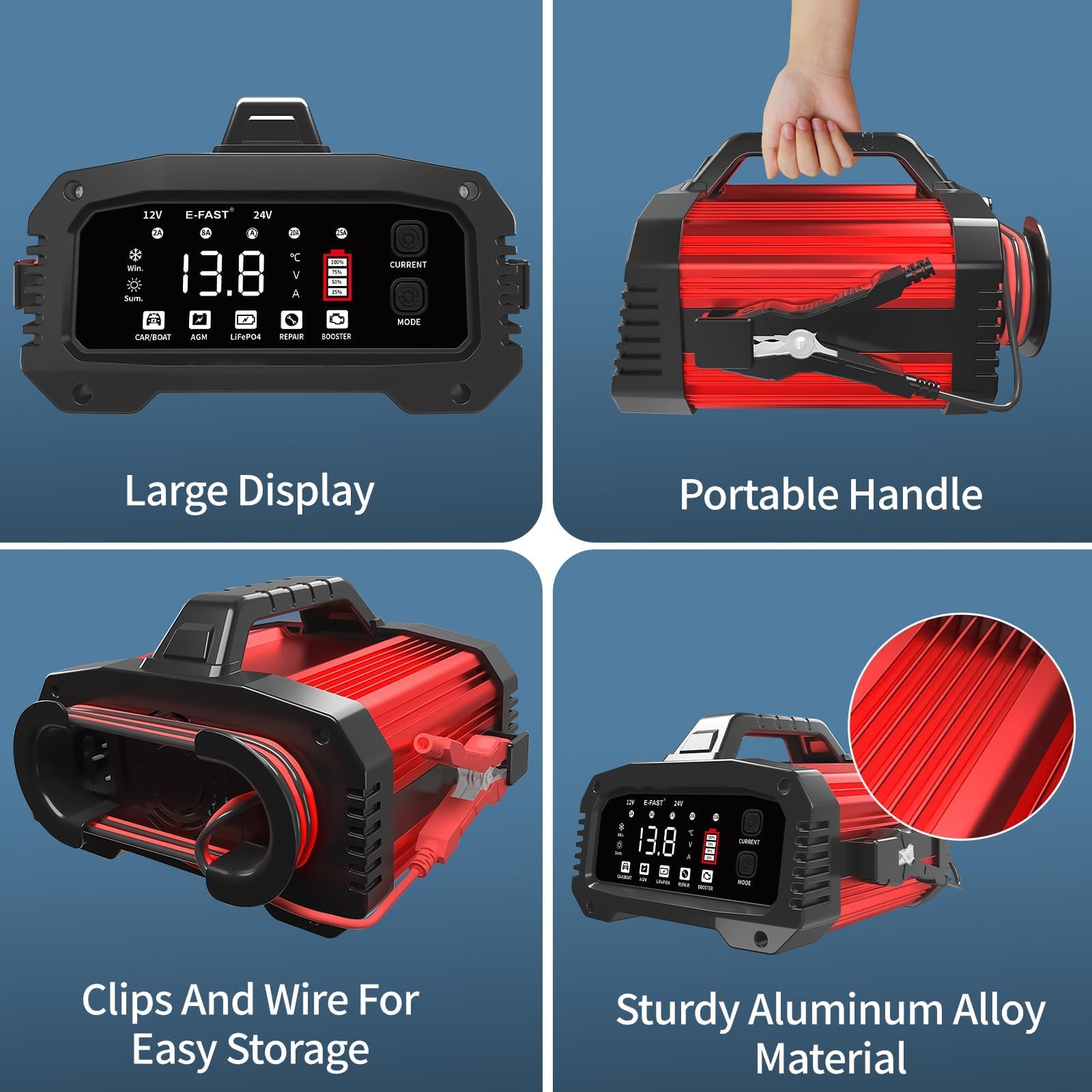 E-FAST Caricabatterie 25 A, caricabatterie all-in-one da 12 V/24 V, caricabatterie per LiFePO4, piombo acido, AGM, batterie al litio, marine, barche e a ciclo profondo, corrente regolabile a 5 livelli