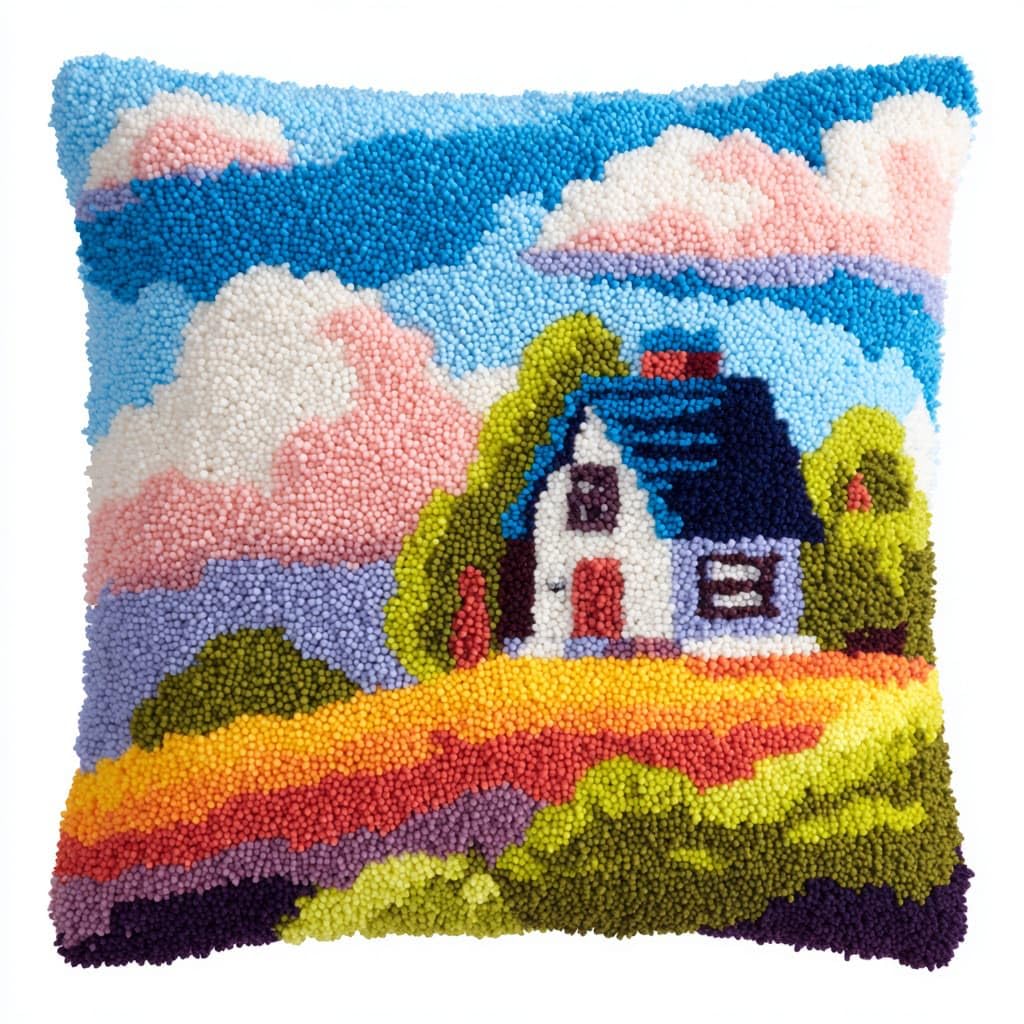 Henypt Latch Hook Pillow Case Embroidery Kits, Country Cottage