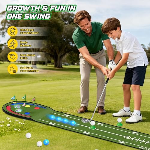 Miniatura 9 de Alfombra de Golf Mejorada para Niños, Verde de Golf de 2.37 m con Agujeros LED Iluminados, Bolas Luminosas, 2 Palos, Juego de Golf de Juguete,