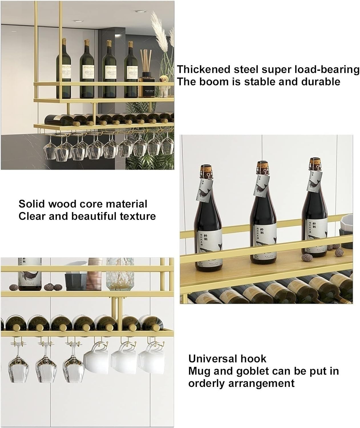 Ceiling Shelf - 2 Tier Ceiling Hanging Wine Rack, Multifunctional Hanging Storage Rack/Wine Glass Holder/Bottle Rack/Plant Holder, Bar/Kitchen/Wrought Iron Display Rack