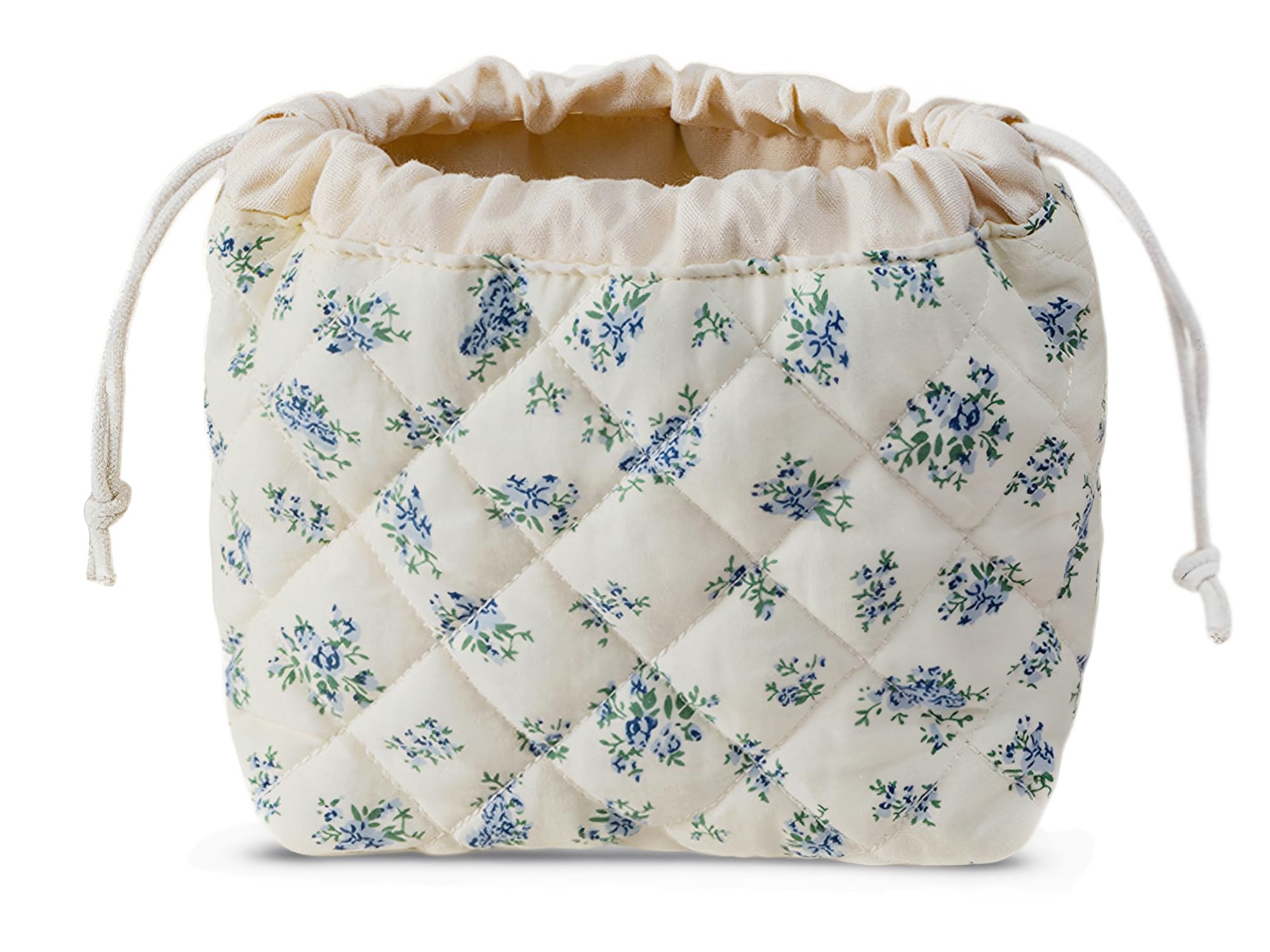HAPPYHEIDI Large Floral Quilted Cotton Drawstring Makeup Bag Compartment Cosmetic Toiletry Accessory Travel Pouch Purse Organizer Blue Gourd